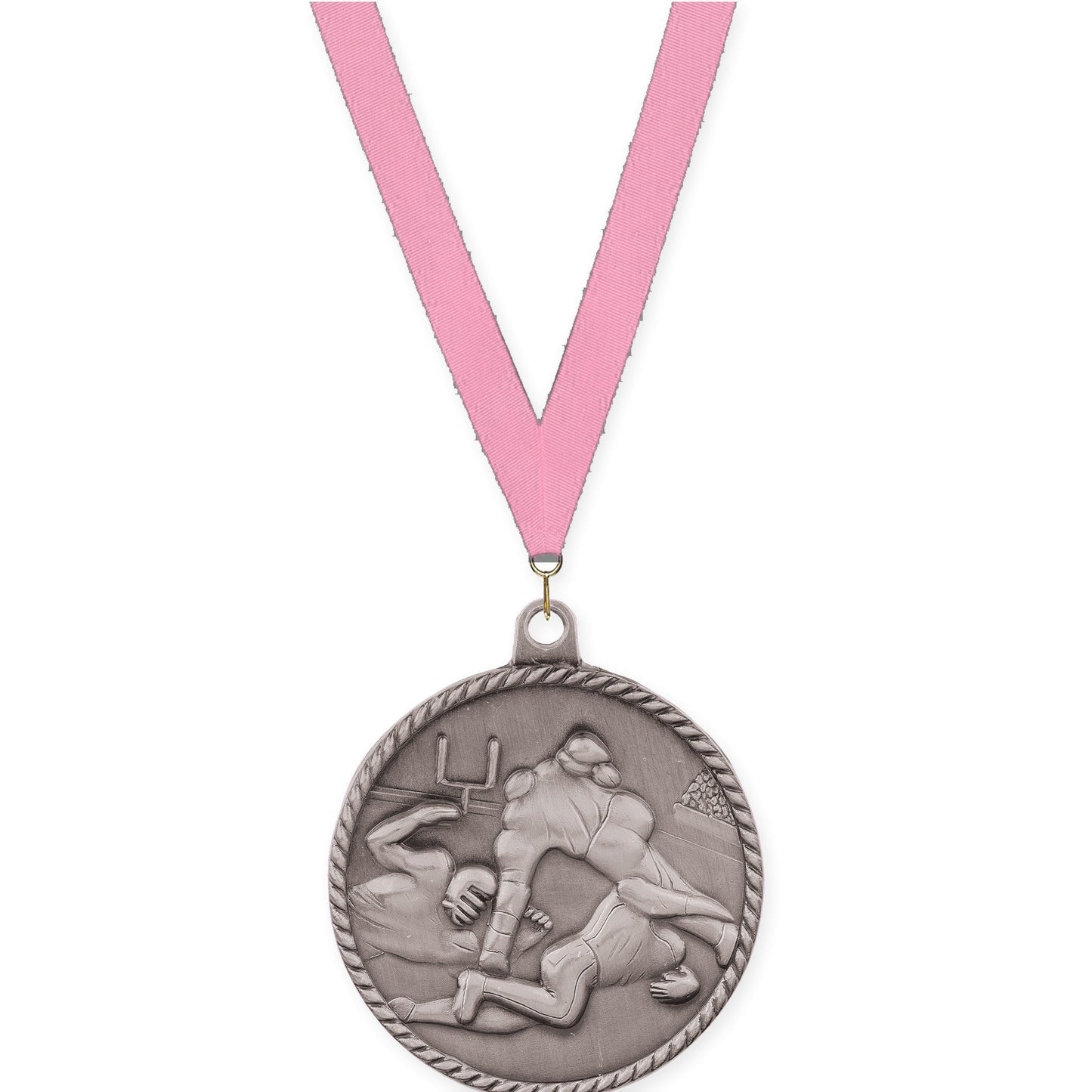 2 inch football High Relief medal in bright silver with Pink neck ribbon