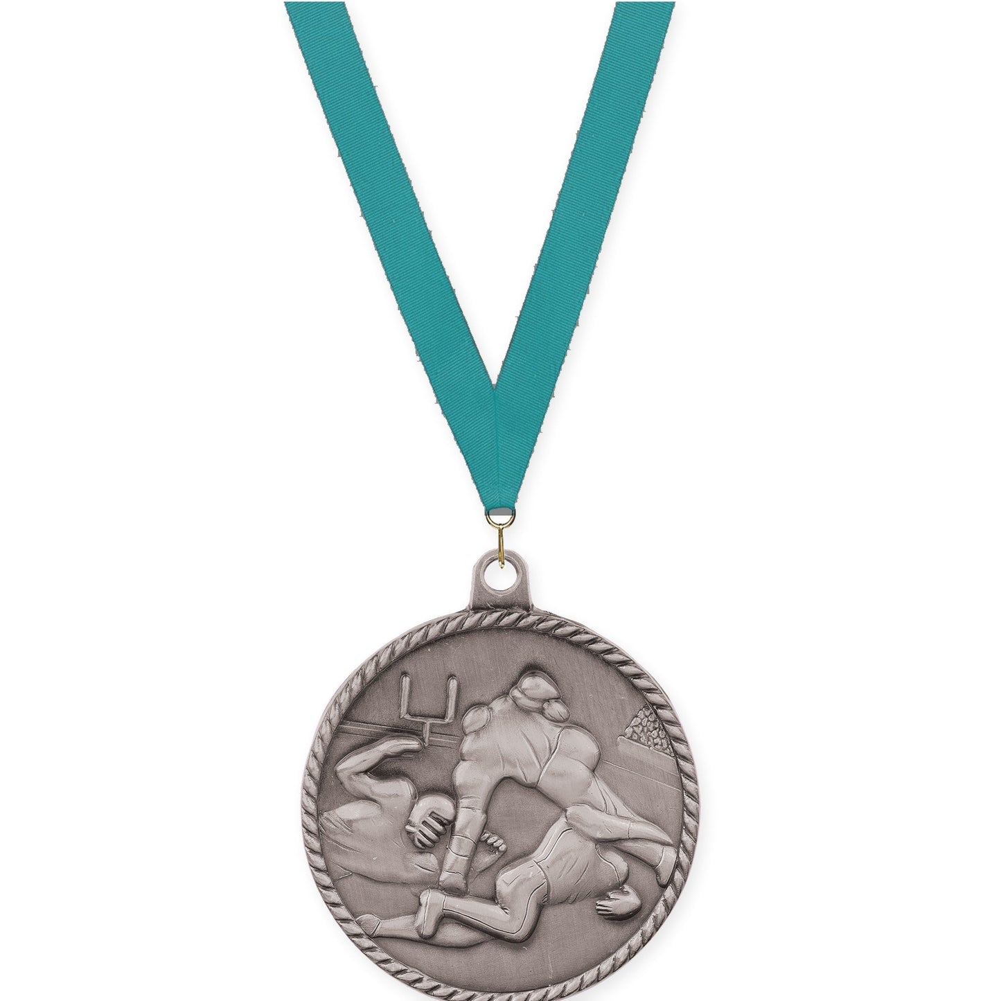 2 inch football High Relief medal in bright silver with Teal neck ribbon