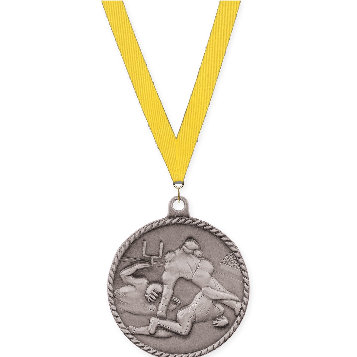 2 inch football High Relief medal in bright silver with Yellow neck ribbon