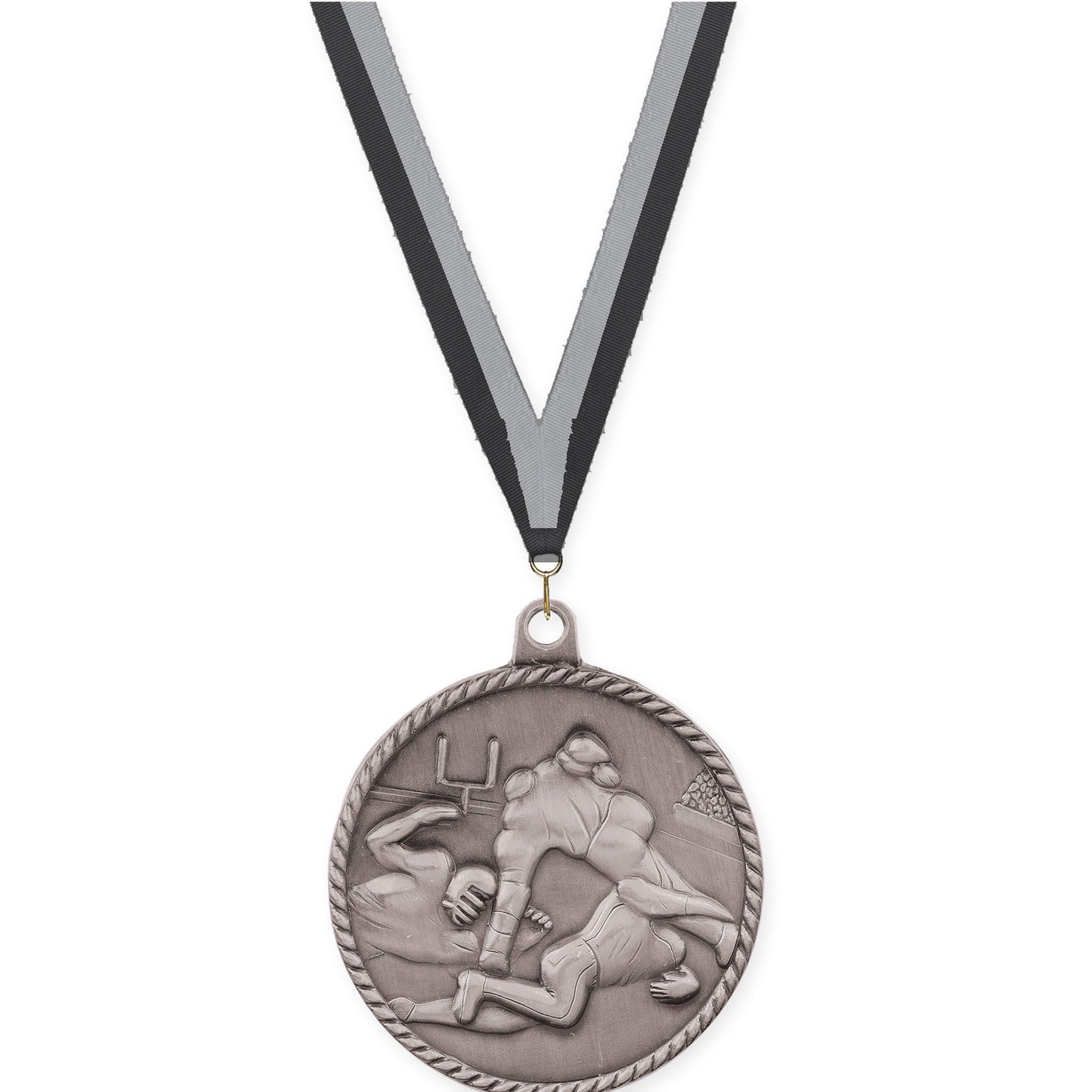 2 inch football High Relief medal in bright silver with Black Gray neck ribbon