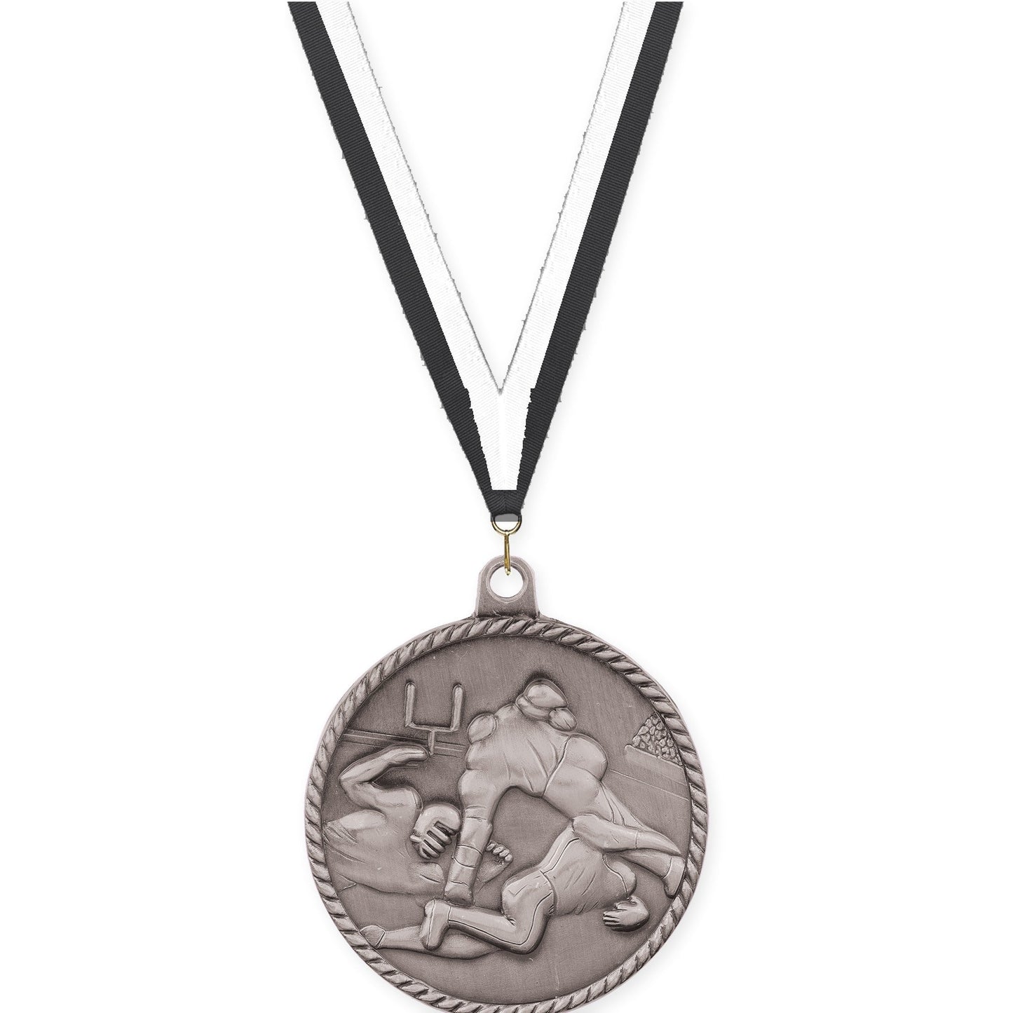 2 inch football High Relief medal in bright silver with Black White neck ribbon
