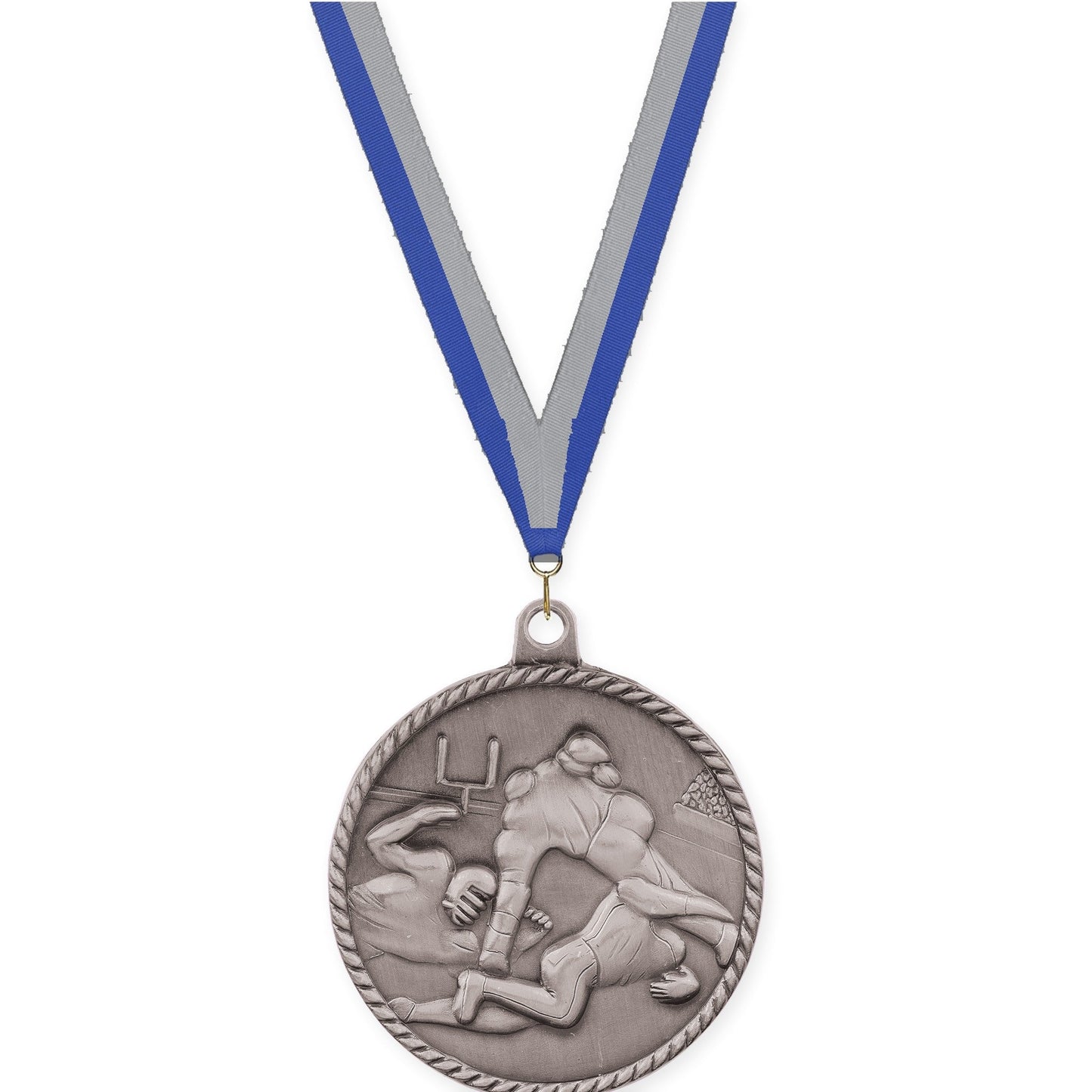 2 inch football High Relief medal in bright silver with Blue Gray neck ribbon