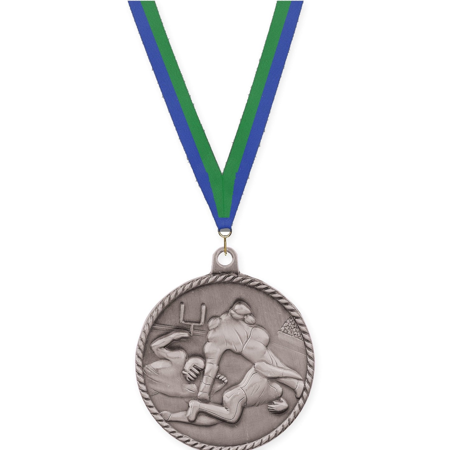 2 inch football High Relief medal in bright silver with Blue Green neck ribbon