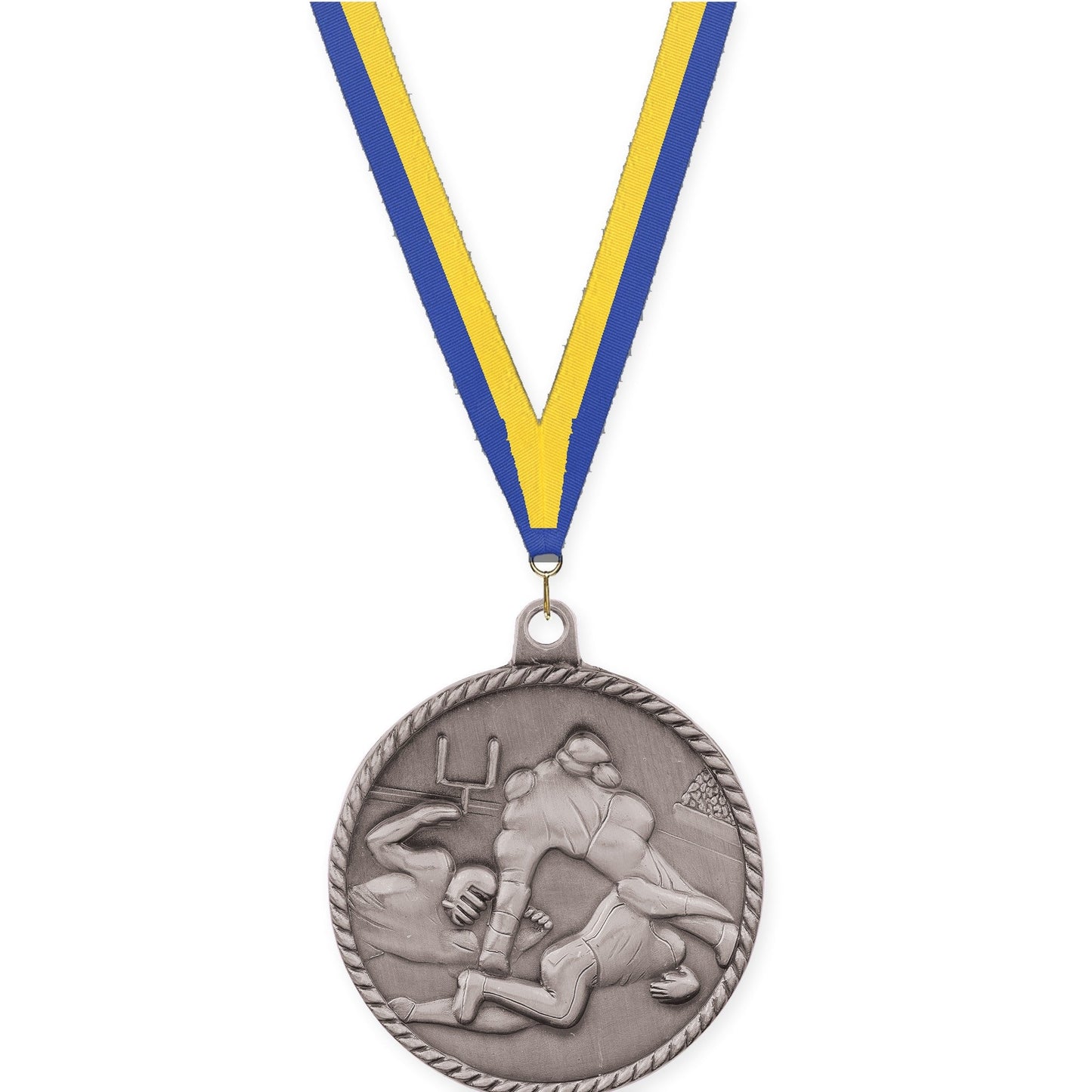 2 inch football High Relief medal in bright silver with Blue Yellow neck ribbon