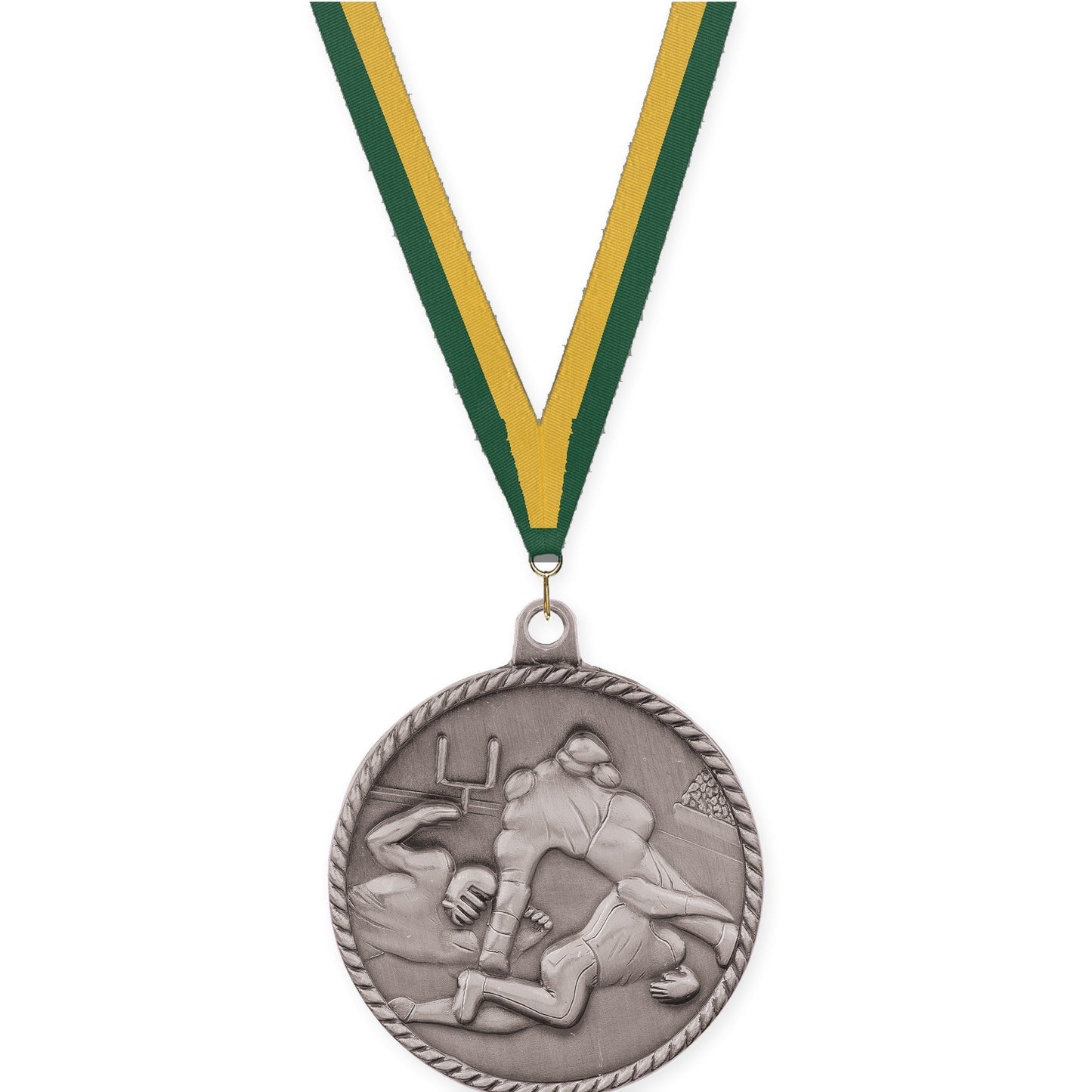 2 inch football High Relief medal in bright silver with Hunter Green Gold neck ribbon
