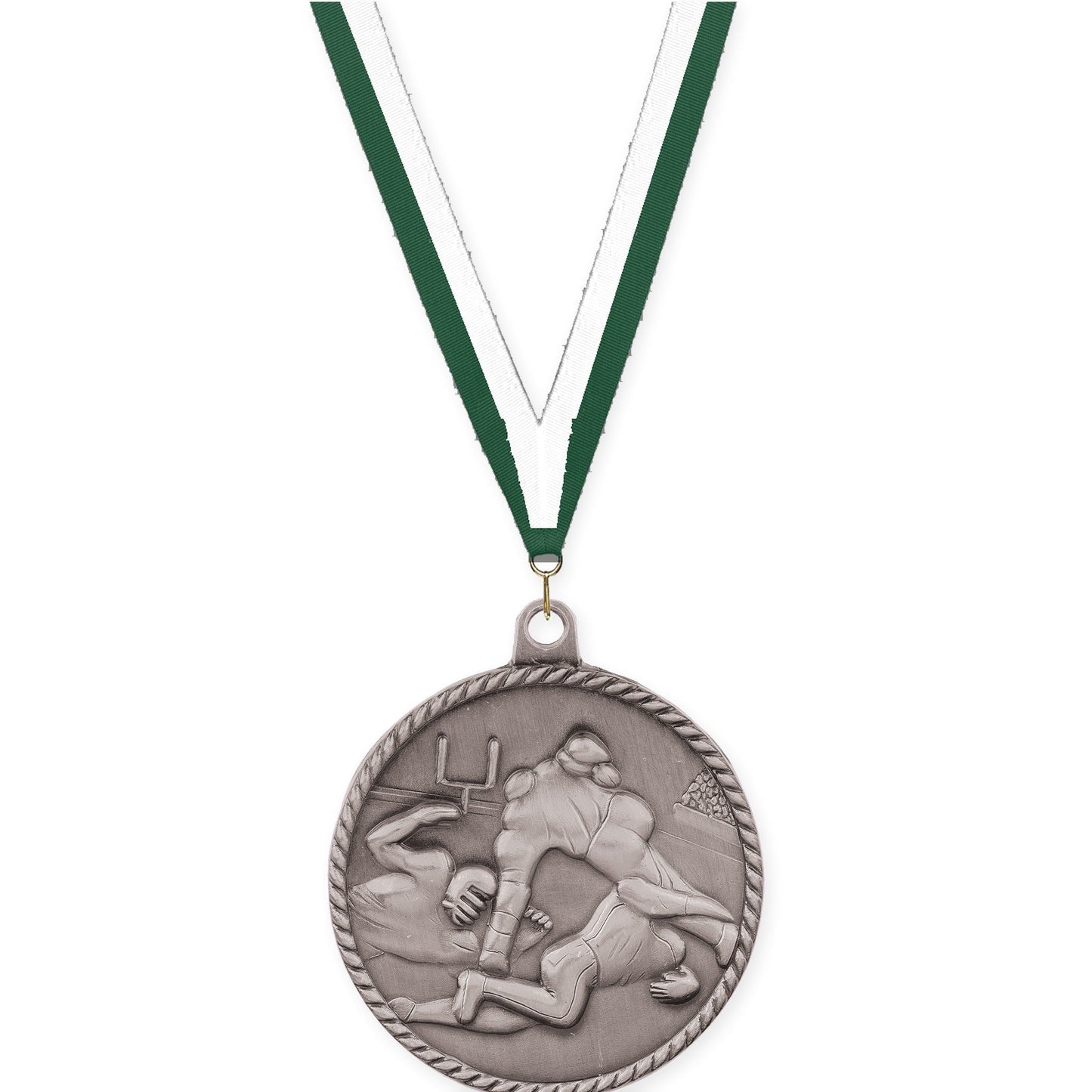 2 inch football High Relief medal in bright silver with Hunter Green White neck ribbon