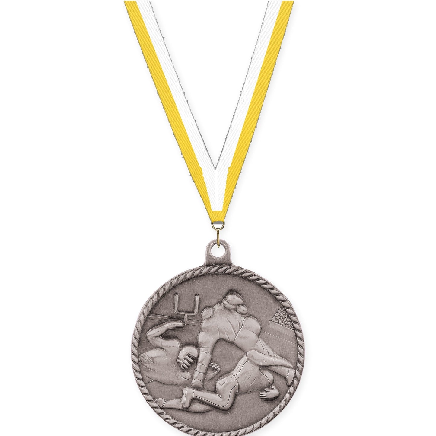 2 inch football High Relief medal in bright silver with Yellow White neck ribbon