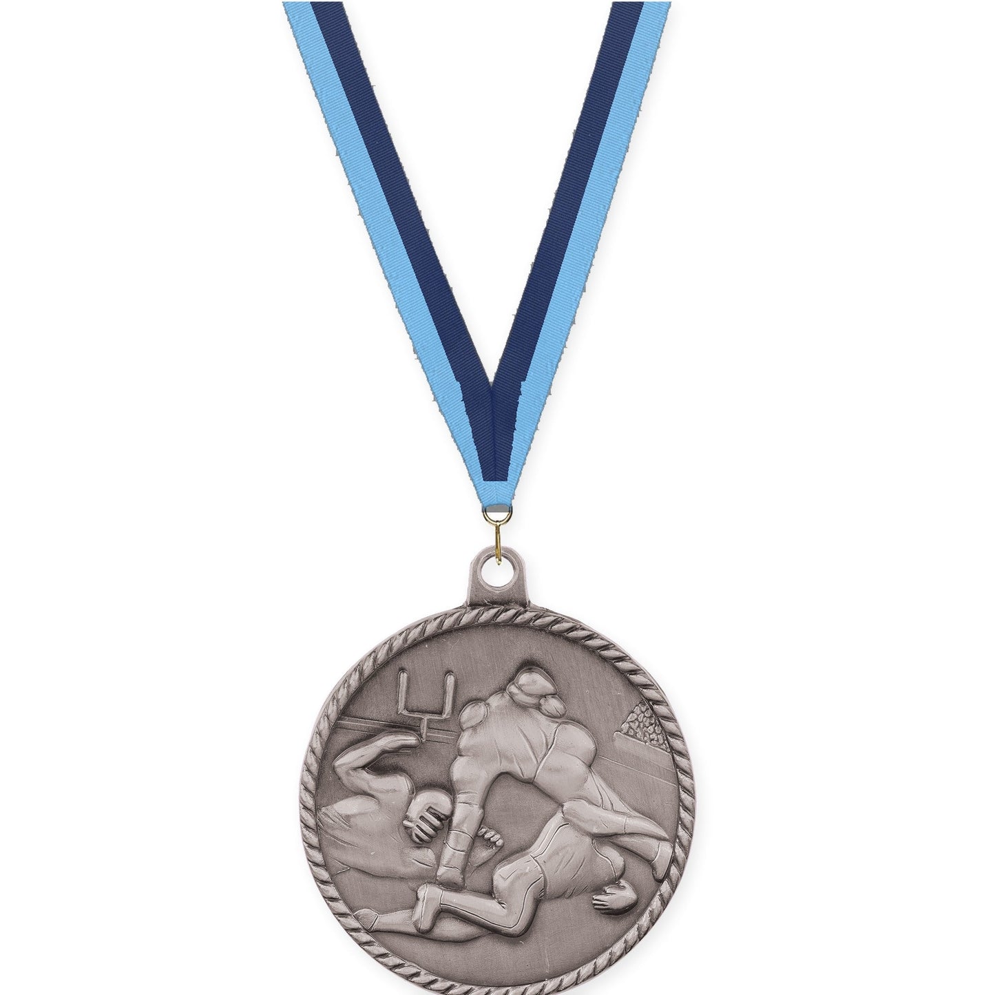 2 inch football High Relief medal in bright silver with Light Blue Navy neck ribbon