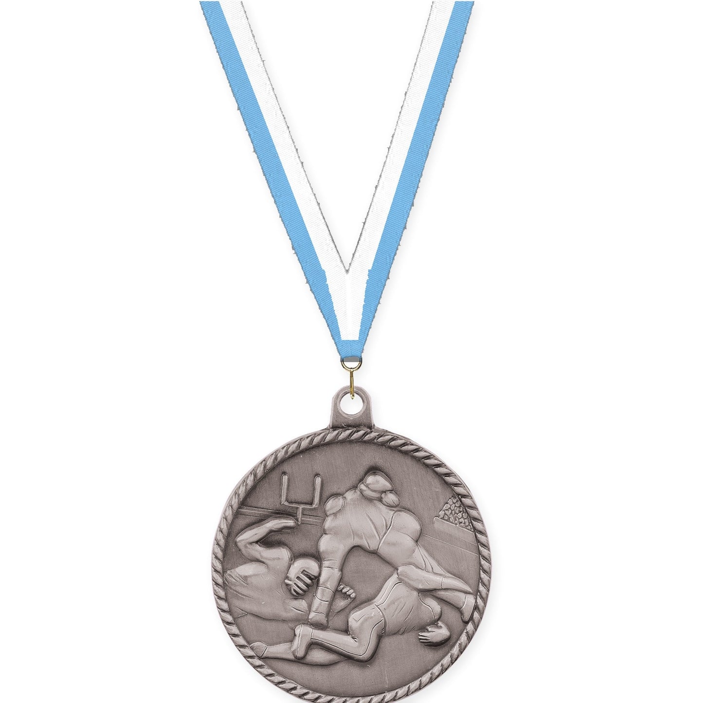 2 inch football High Relief medal in bright silver with Light Blue White neck ribbon