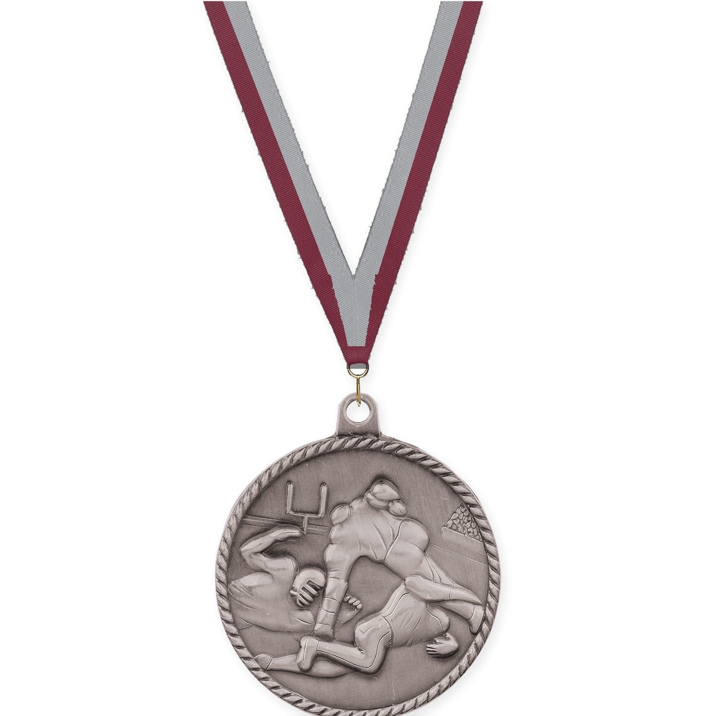 2 inch football High Relief medal in bright silver with Maroon Gray neck ribbon