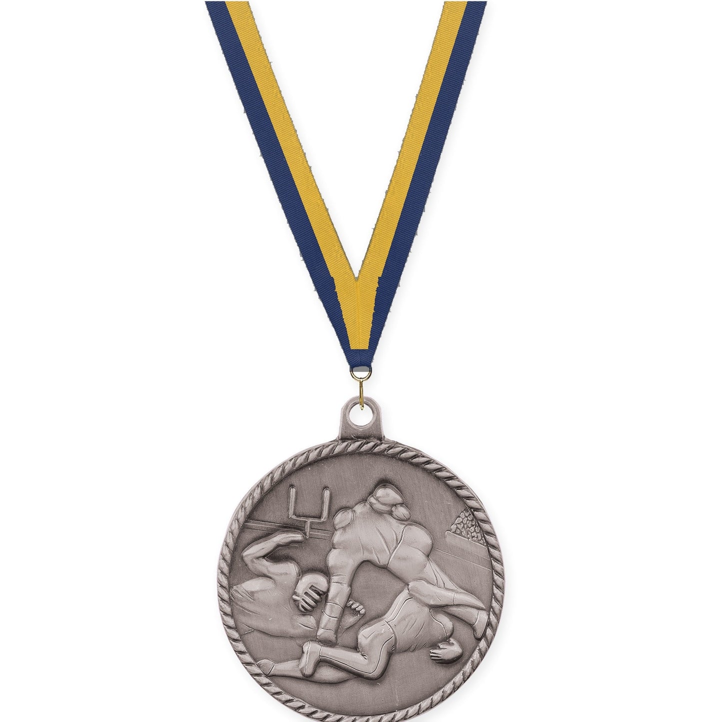 2 inch football High Relief medal in bright silver with Navy Gold neck ribbon