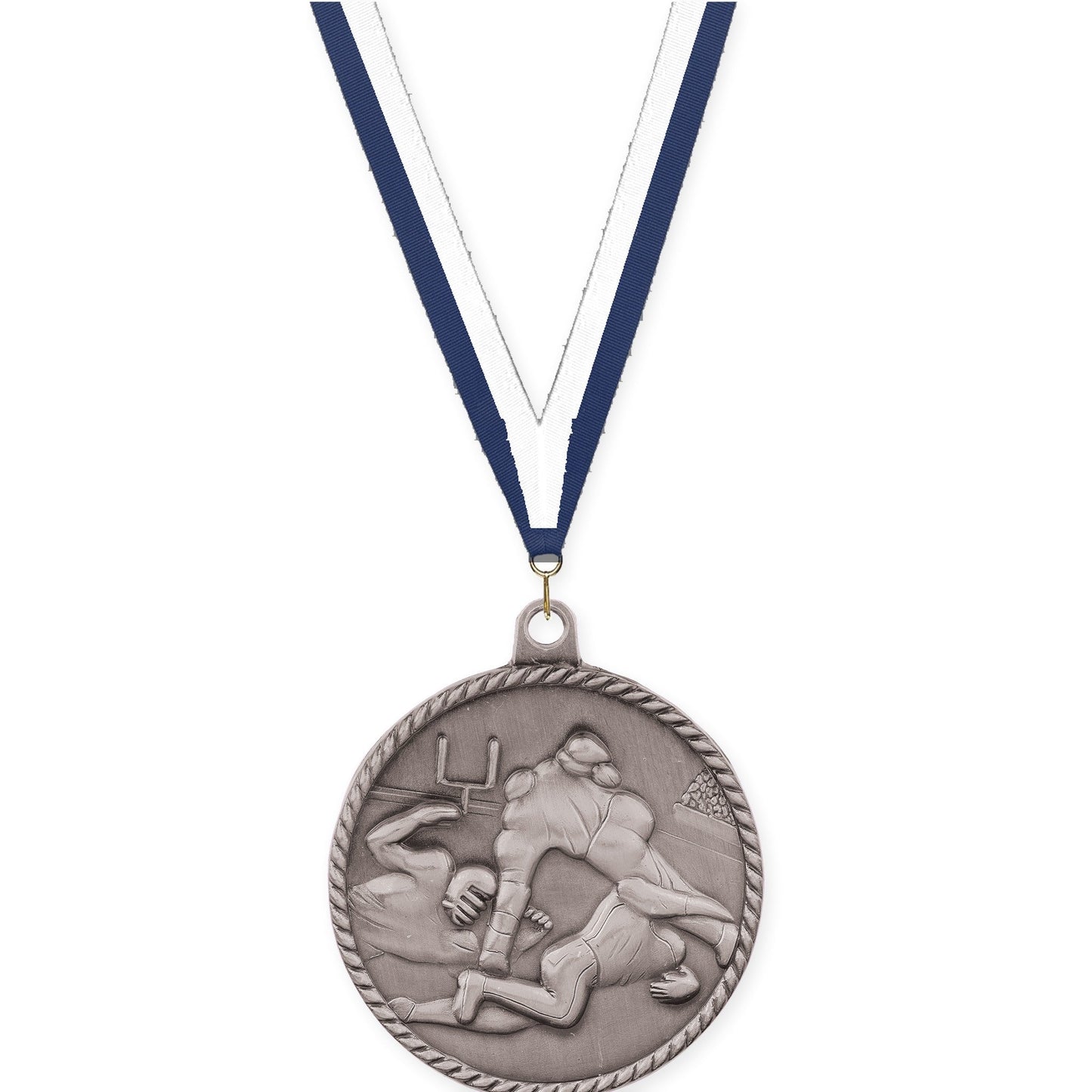 2 inch football High Relief medal in bright silver with Navy White neck ribbon