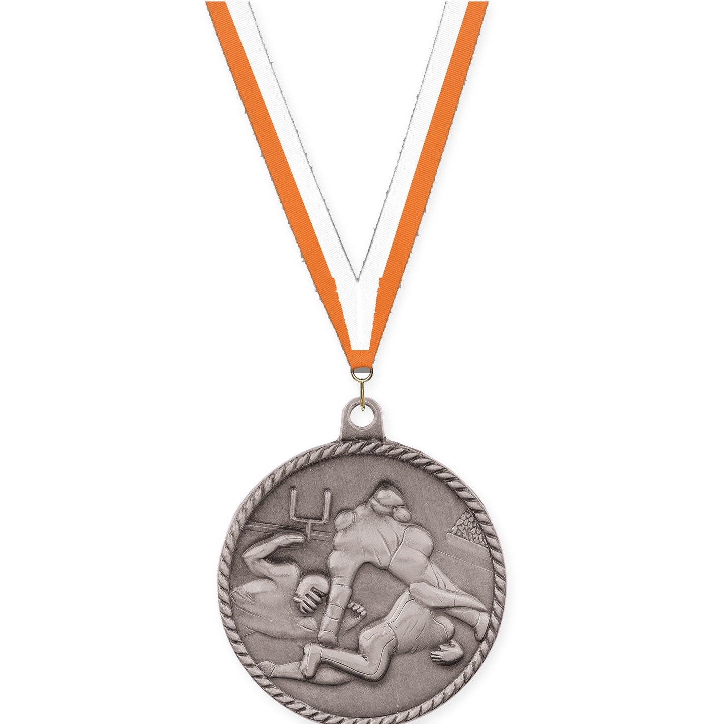 2 inch football High Relief medal in bright silver with Orange White neck ribbon