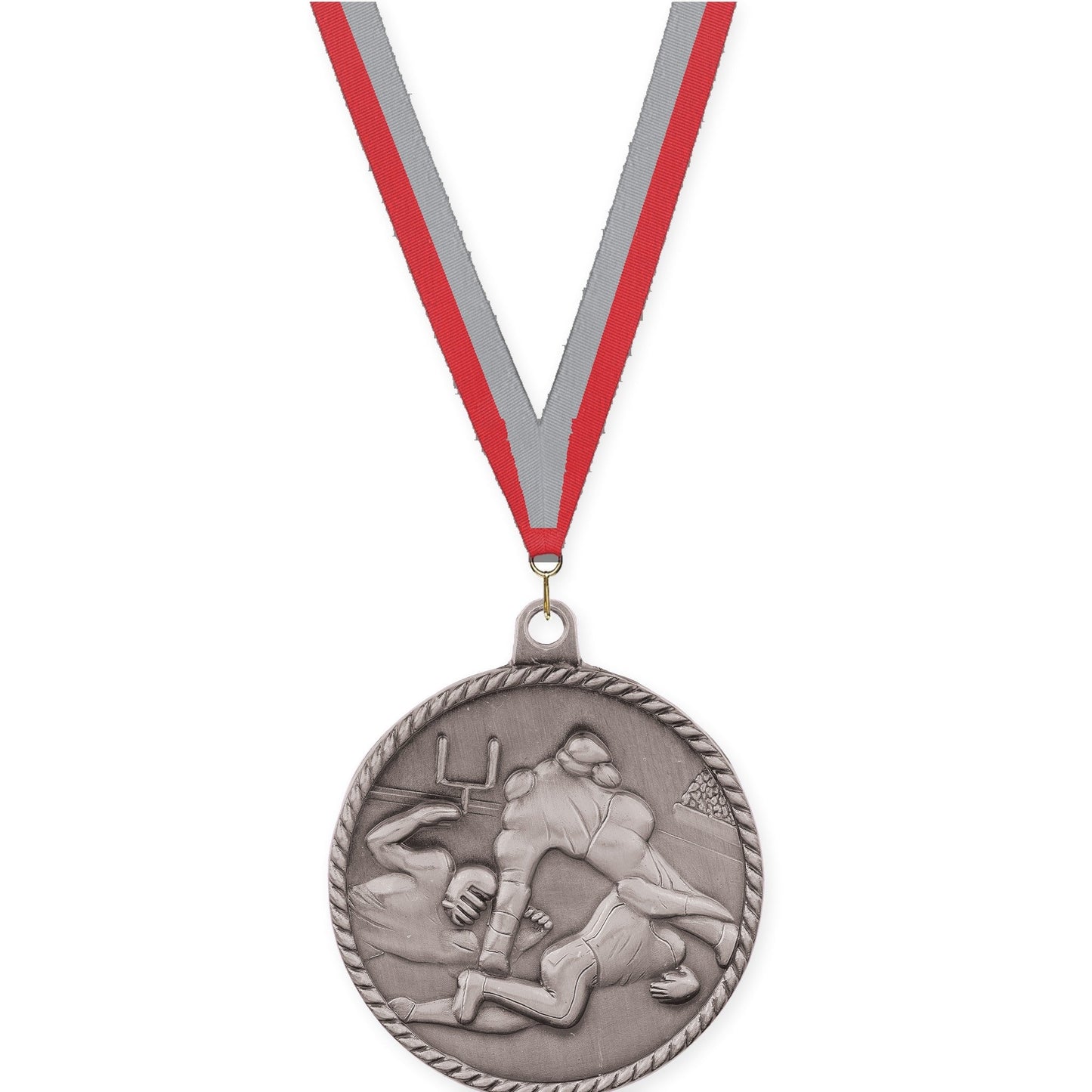2 inch football High Relief medal in bright silver with Red Gray neck ribbon