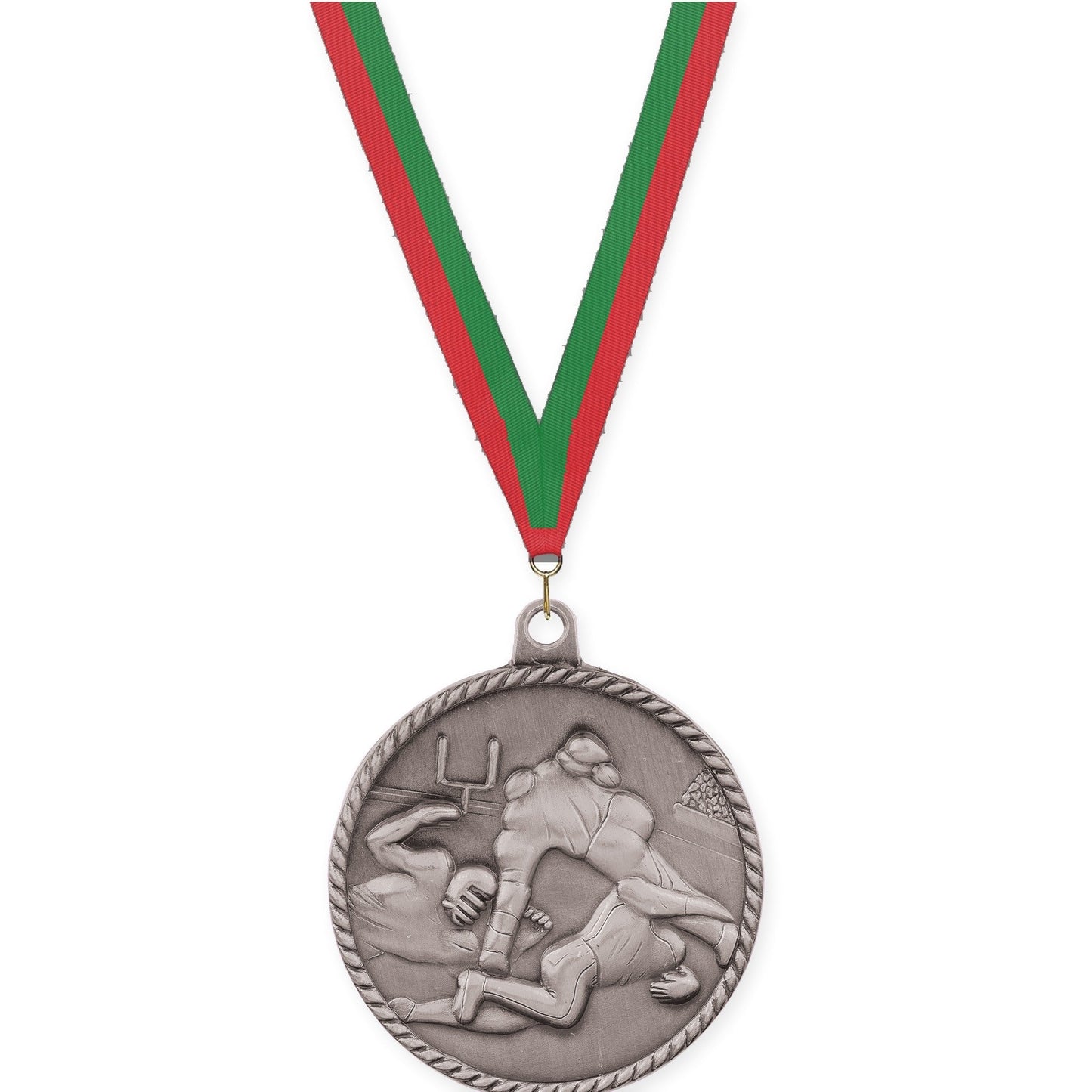 2 inch football High Relief medal in bright silver with Red Green neck ribbon