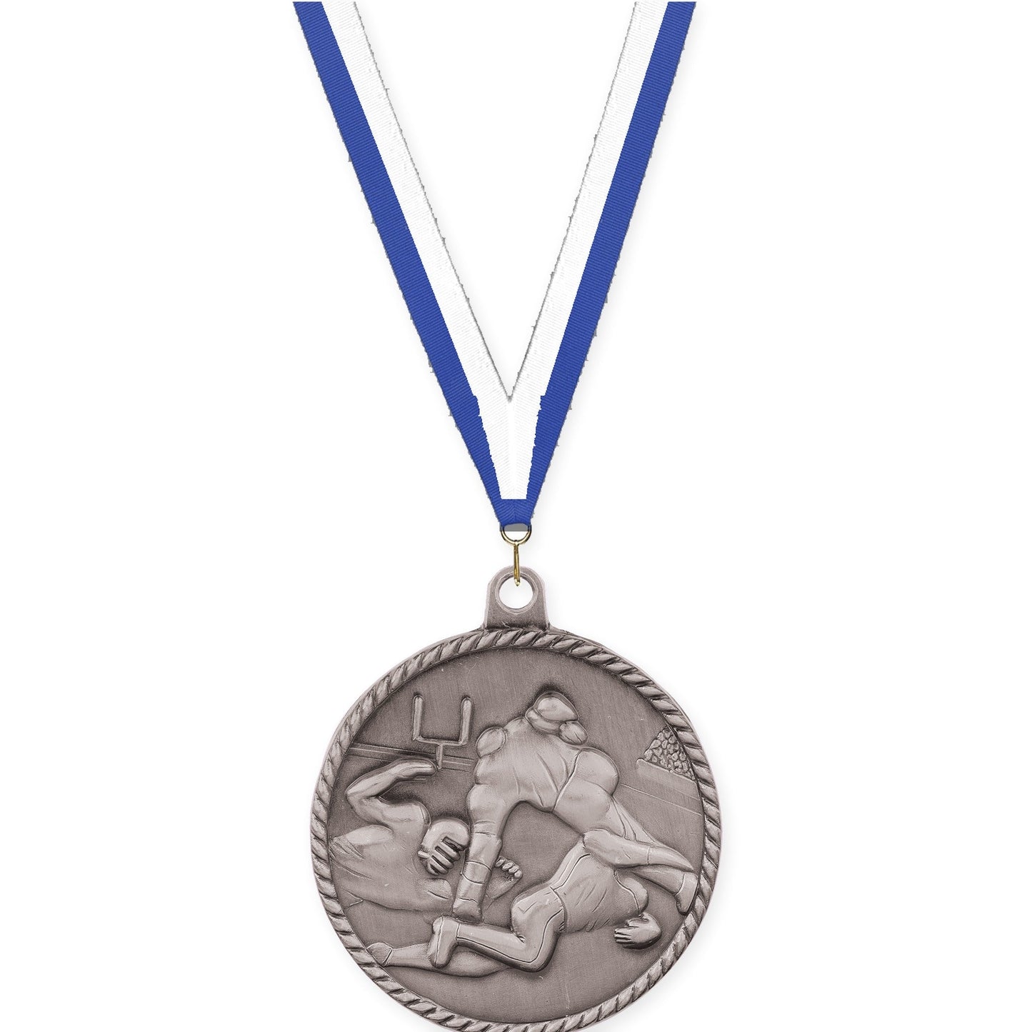 2 inch football High Relief medal in bright silver with Blue White neck ribbon