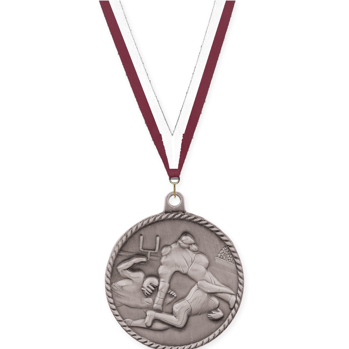 2 inch football High Relief medal in bright silver with Maroon White neck ribbon