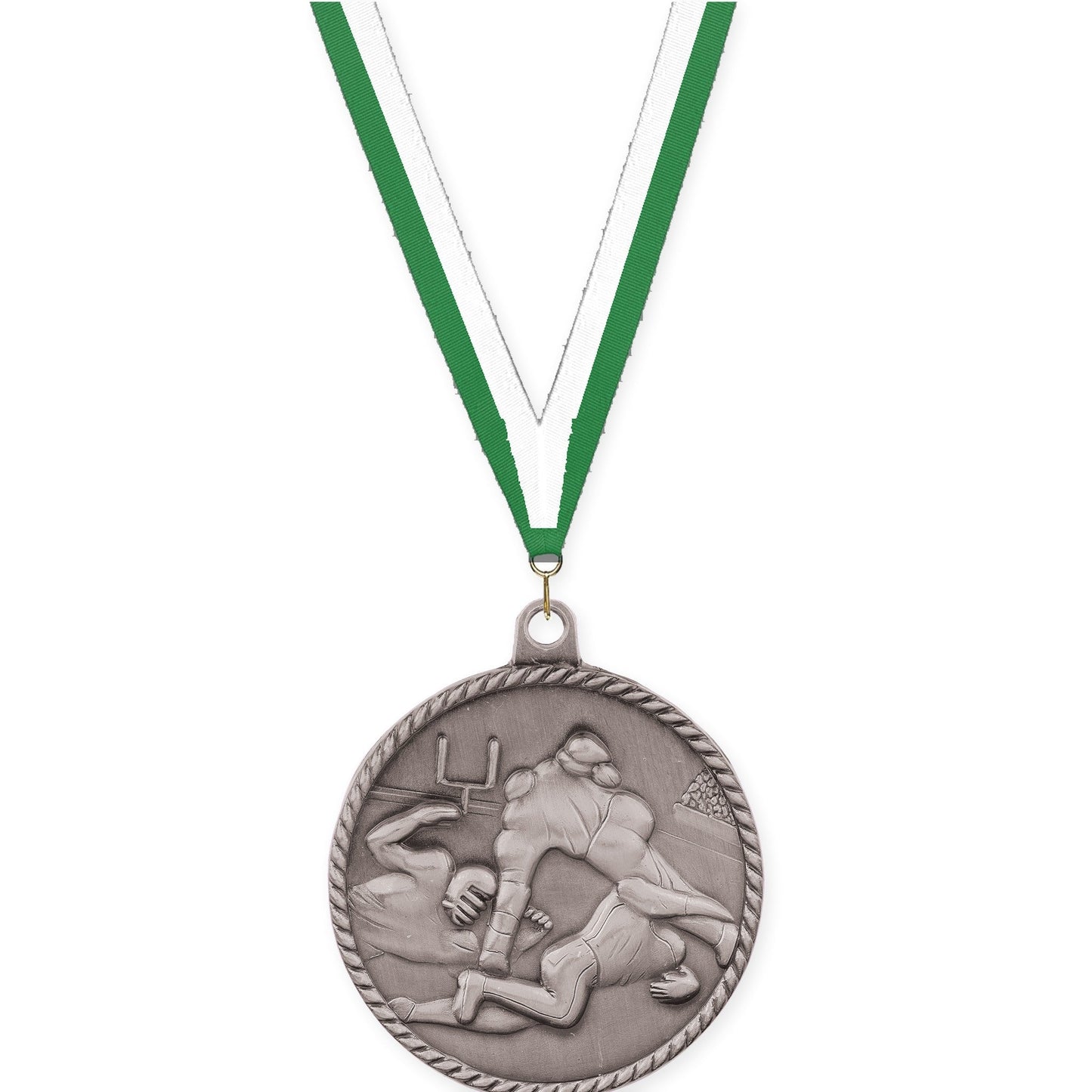 2 inch football High Relief medal in bright silver with Green White neck ribbon
