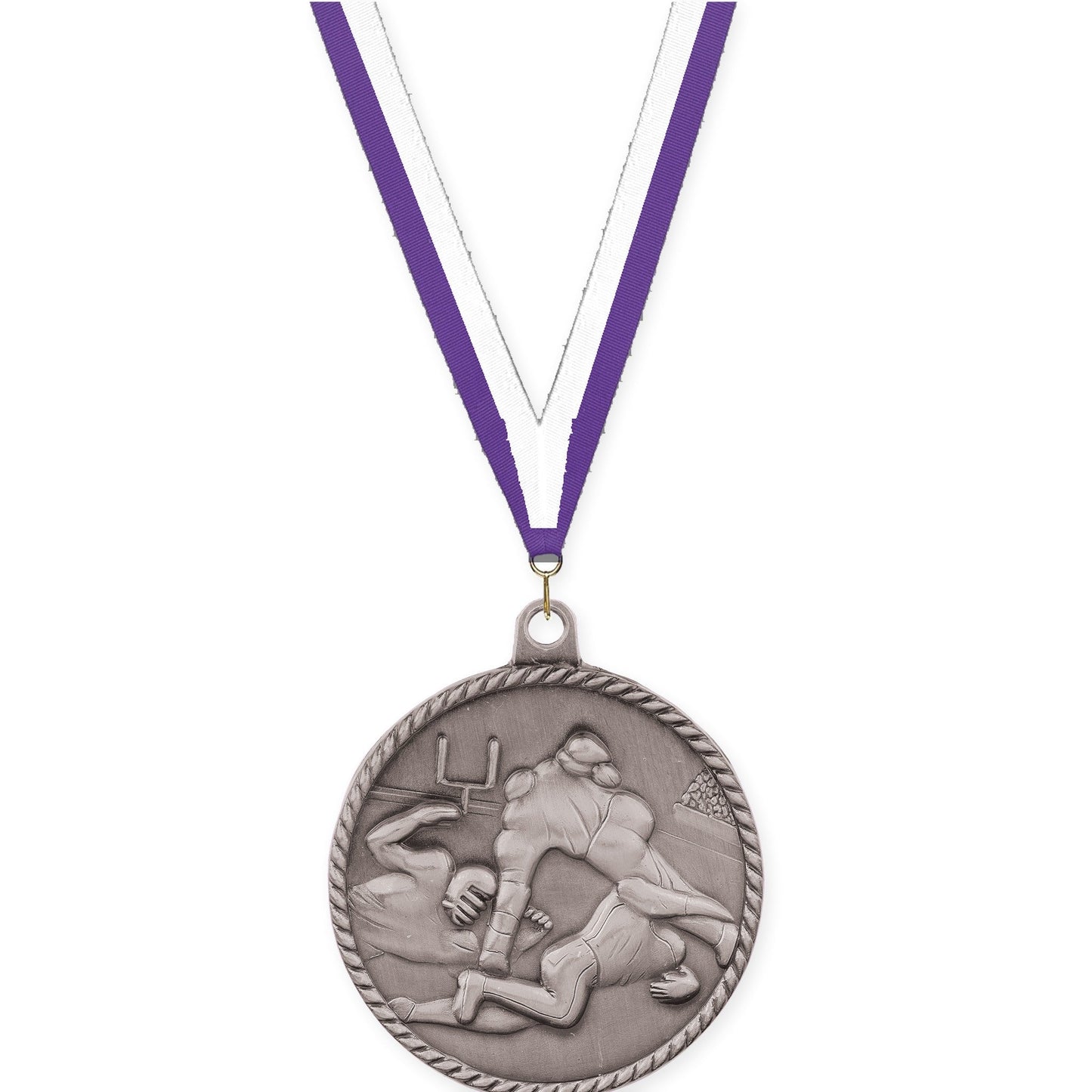 2 inch football High Relief medal in bright silver with Purple White neck ribbon