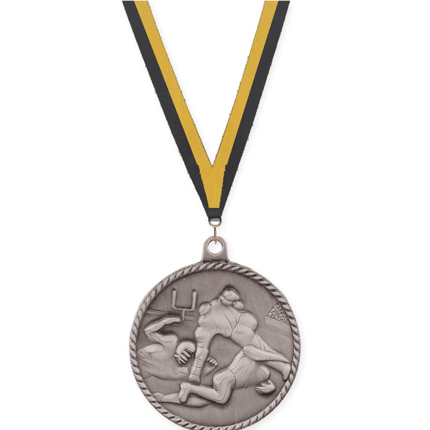 2 inch football High Relief medal in bright silver with Black Gold neck ribbon