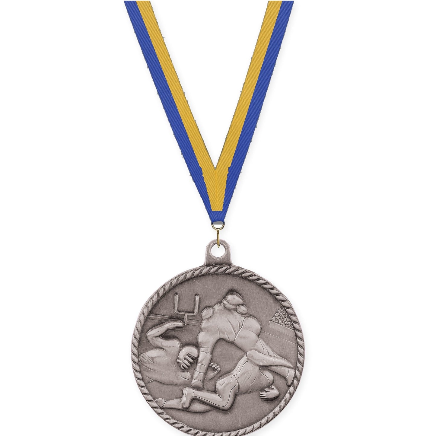 2 inch football High Relief medal in bright silver with Blue Gold neck ribbon