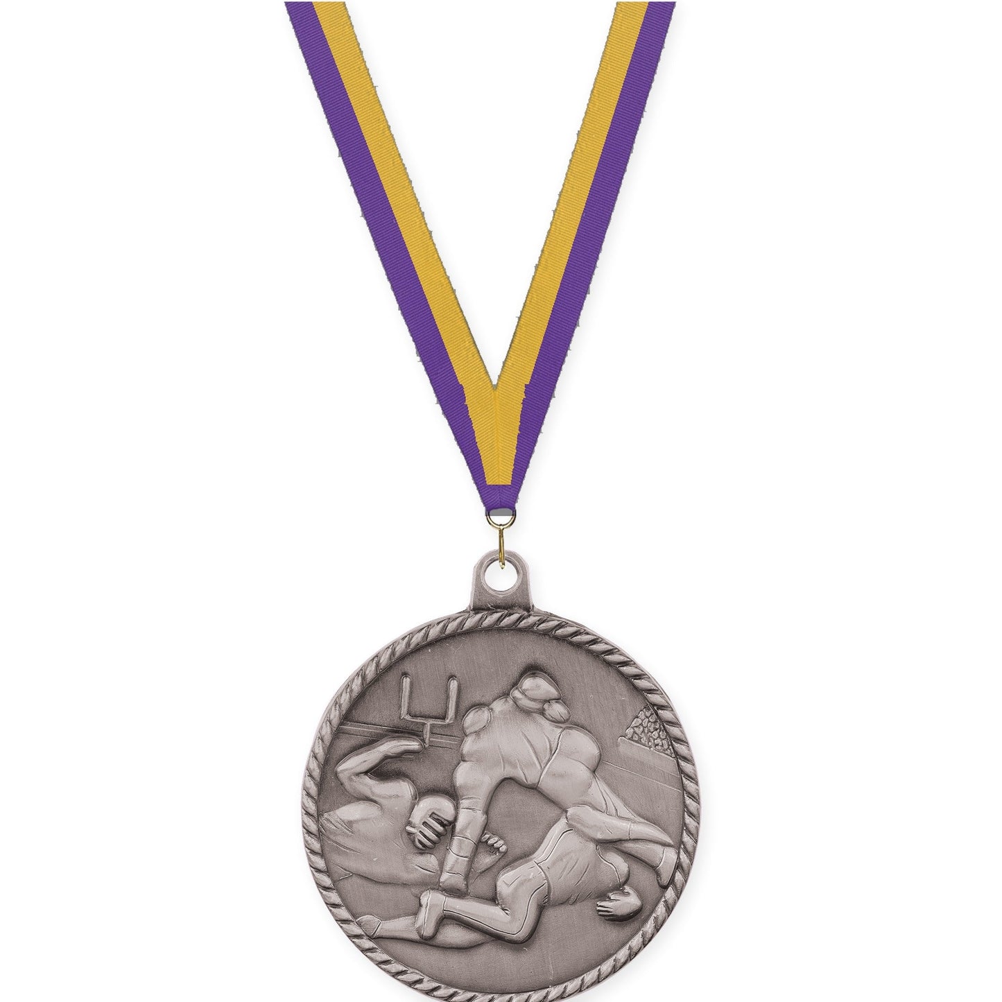 2 inch football High Relief medal in bright silver with Purple Gold neck ribbon