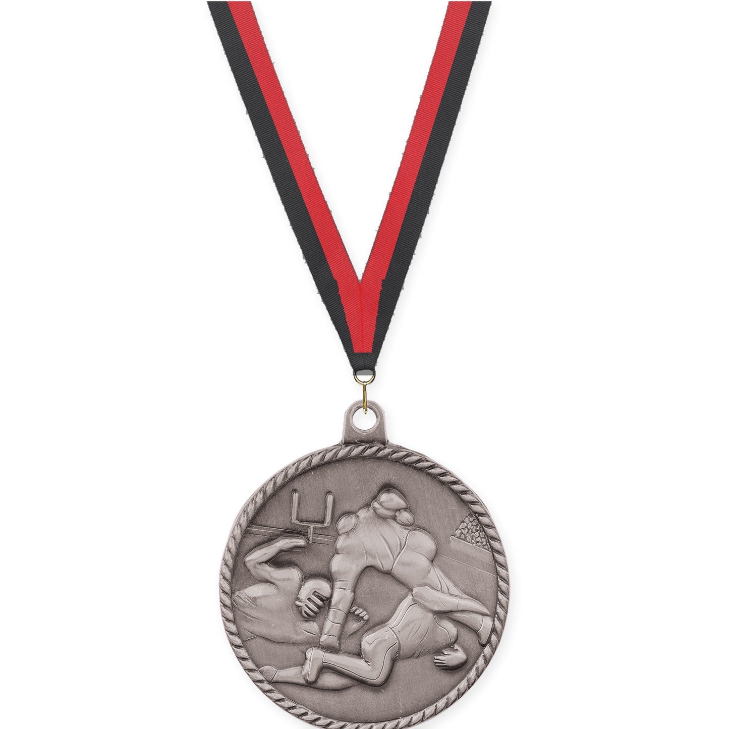 2 inch football High Relief medal in bright silver with Black Red neck ribbon
