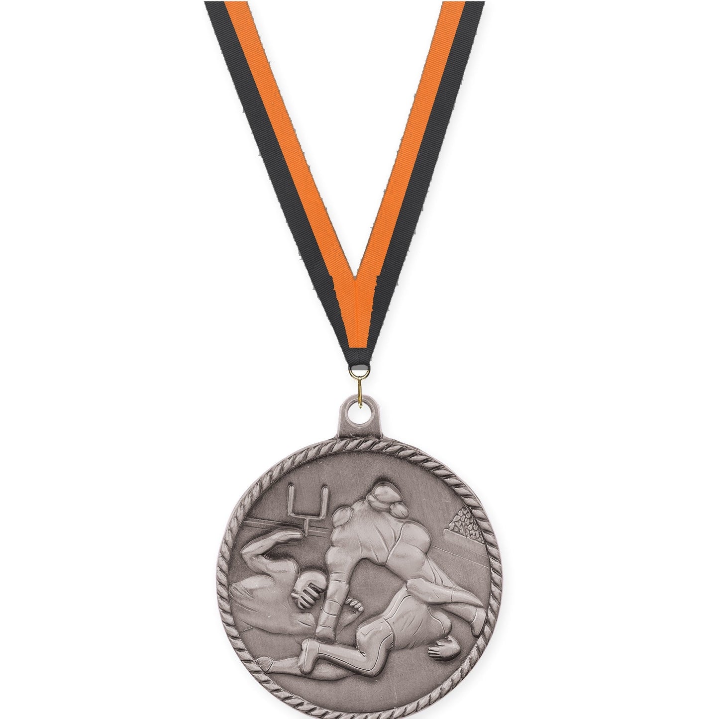 2 inch football High Relief medal in bright silver with Black Orange neck ribbon