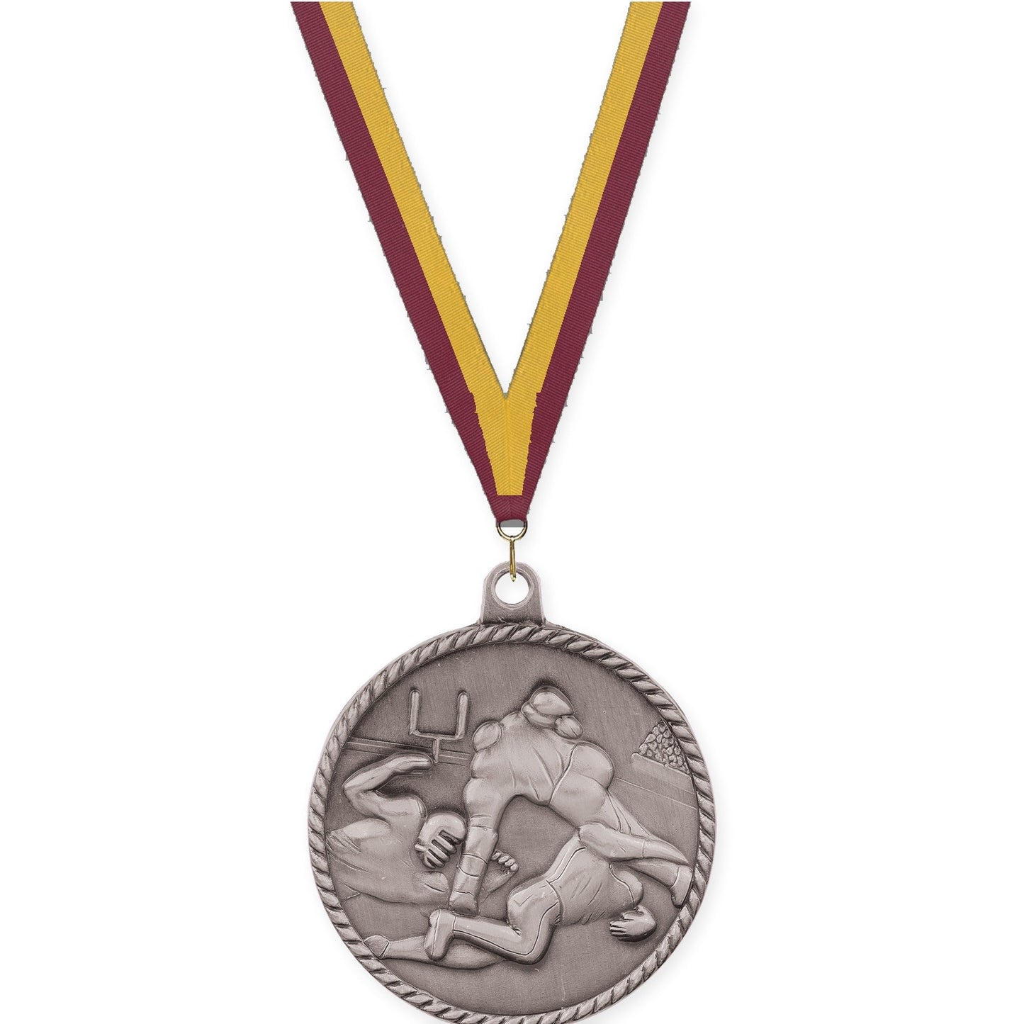 2 inch football High Relief medal in bright silver with Maroon Gold neck ribbon