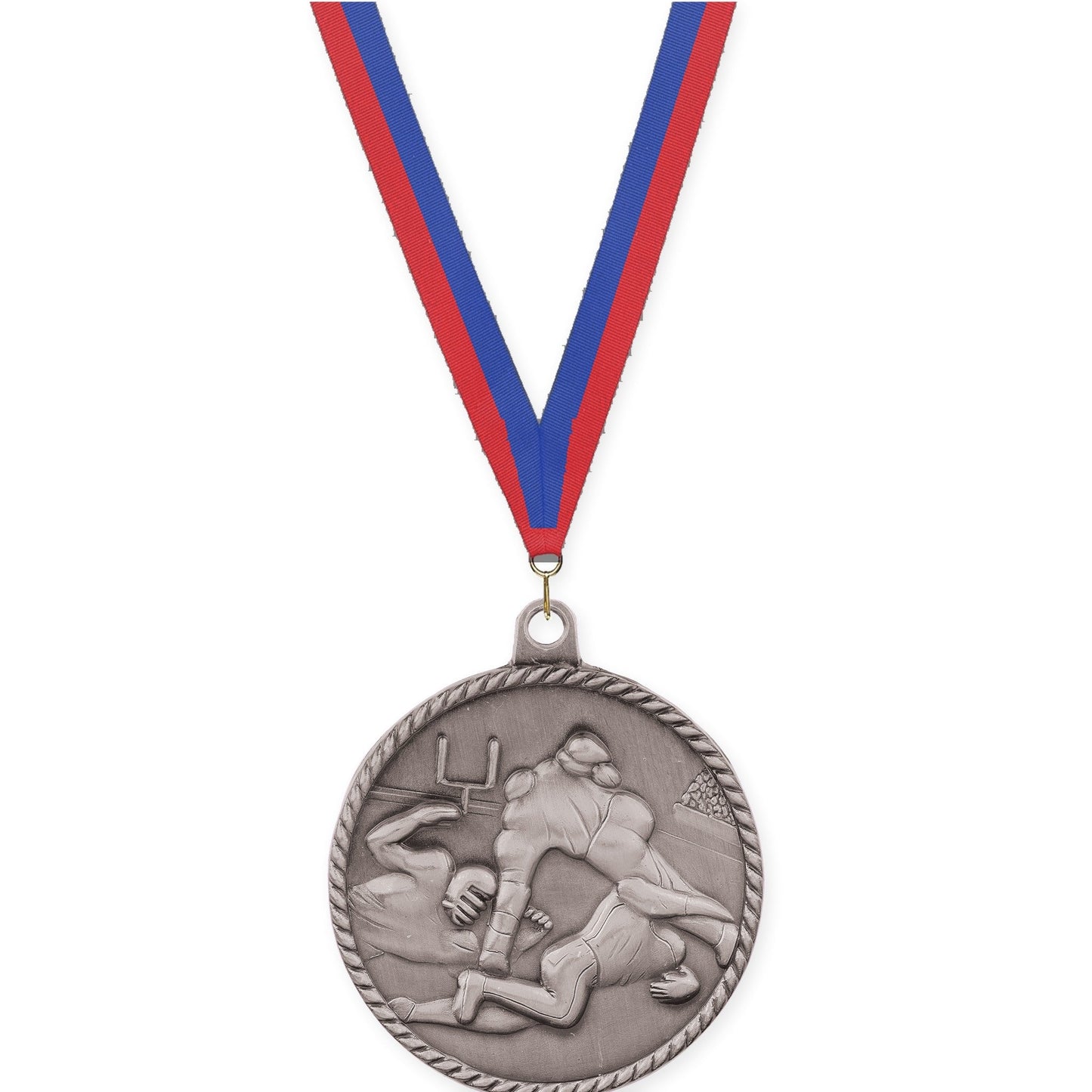2 inch football High Relief medal in bright silver with Blue Red neck ribbon