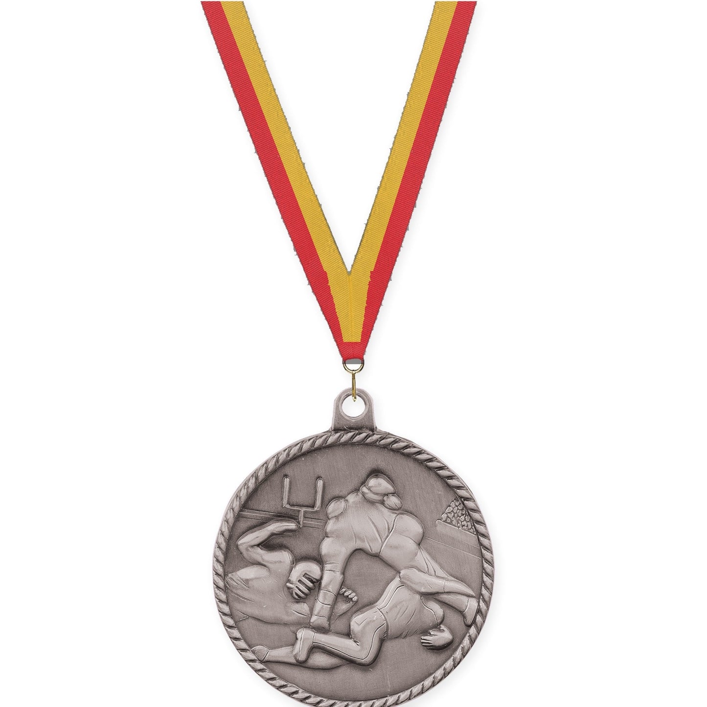 2 inch football High Relief medal in bright silver with Red Gold neck ribbon