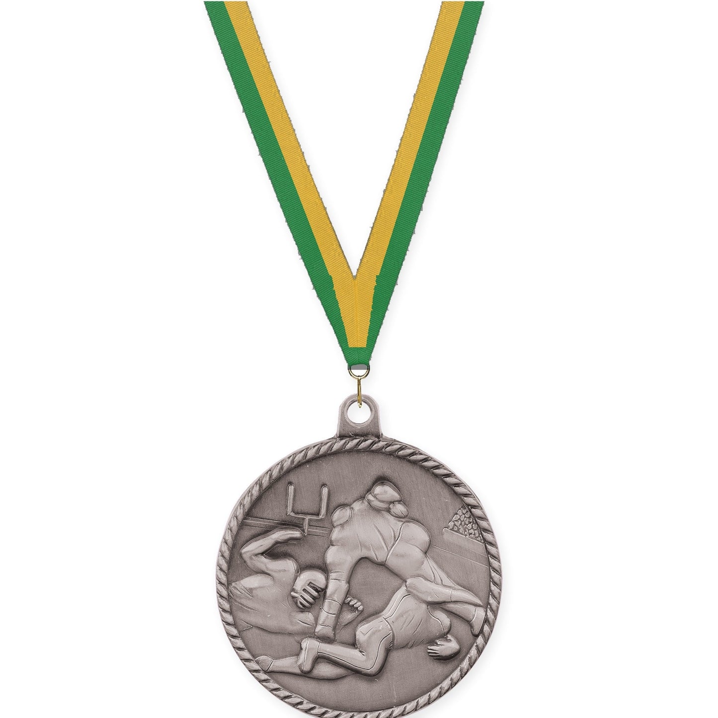 2 inch football High Relief medal in bright silver with Green Gold neck ribbon