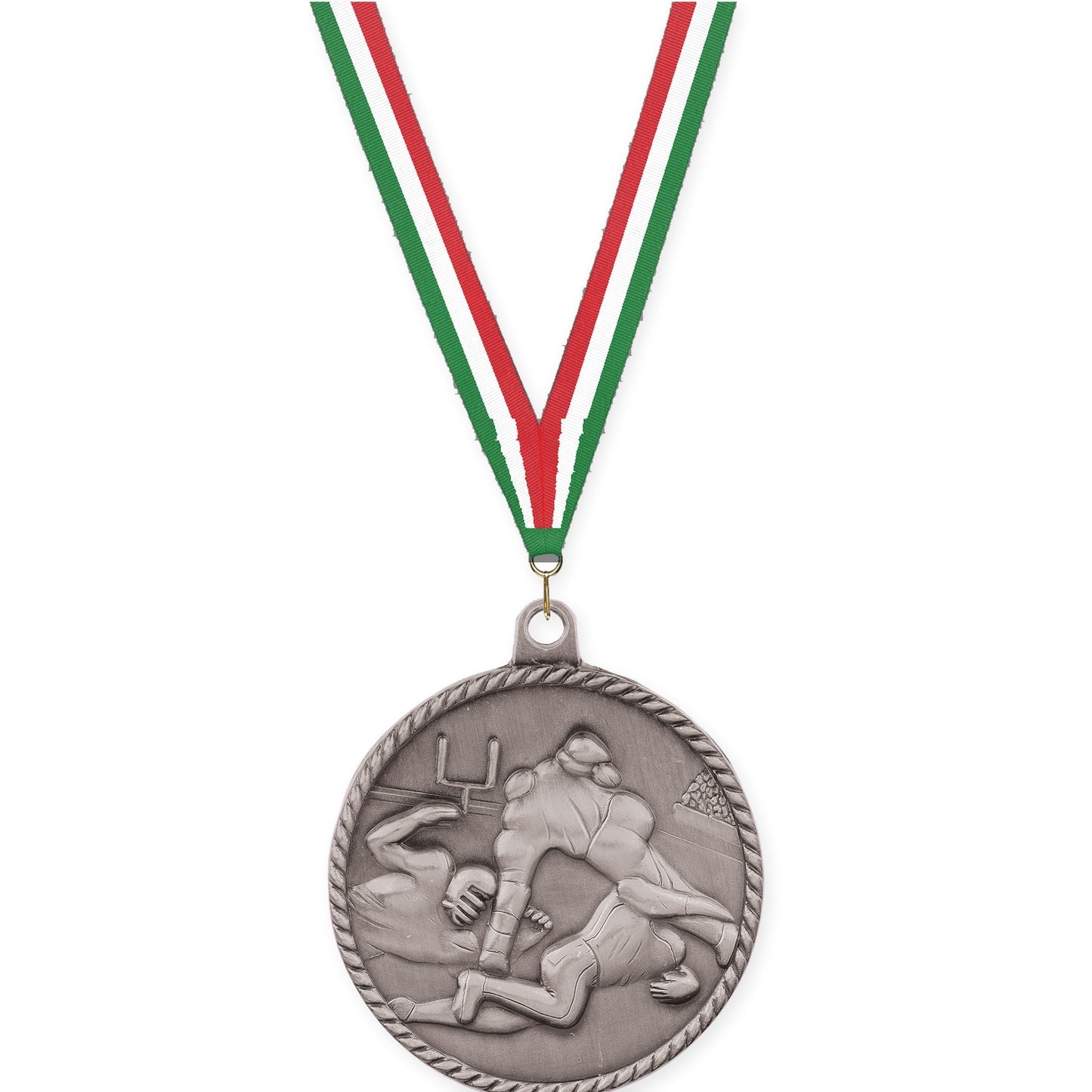2 inch football High Relief medal in bright silver with Green White Red neck ribbon