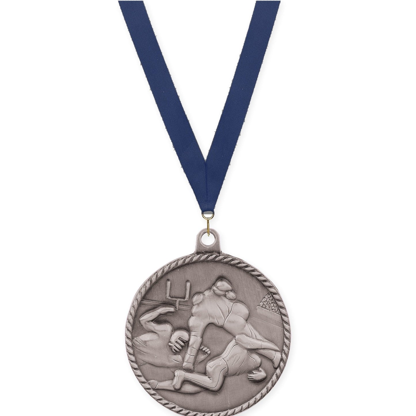 2 inch football High Relief medal in bright silver with Navy neck ribbon