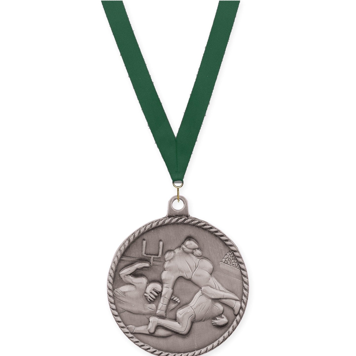 2 inch football High Relief medal in bright silver with Hunter Green neck ribbon