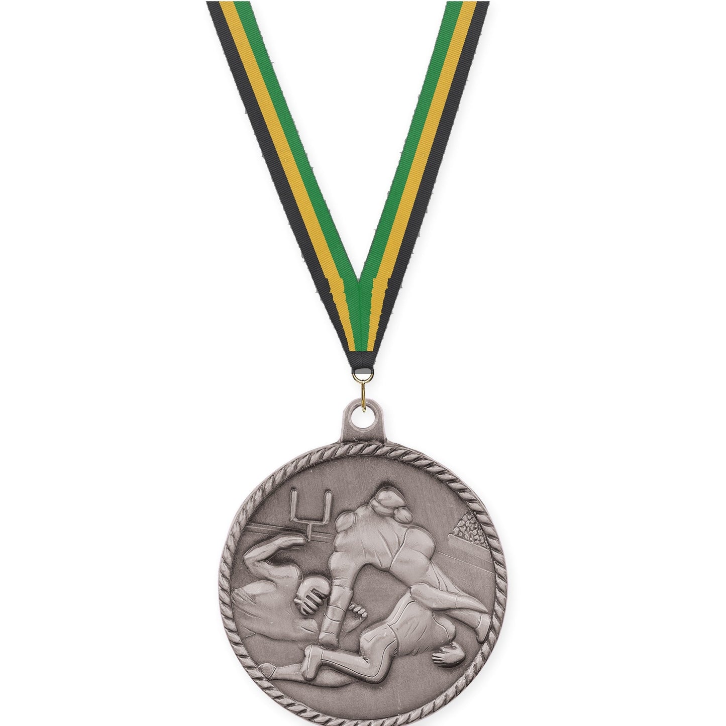 2 inch football High Relief medal in bright silver with Black Gold Green neck ribbon