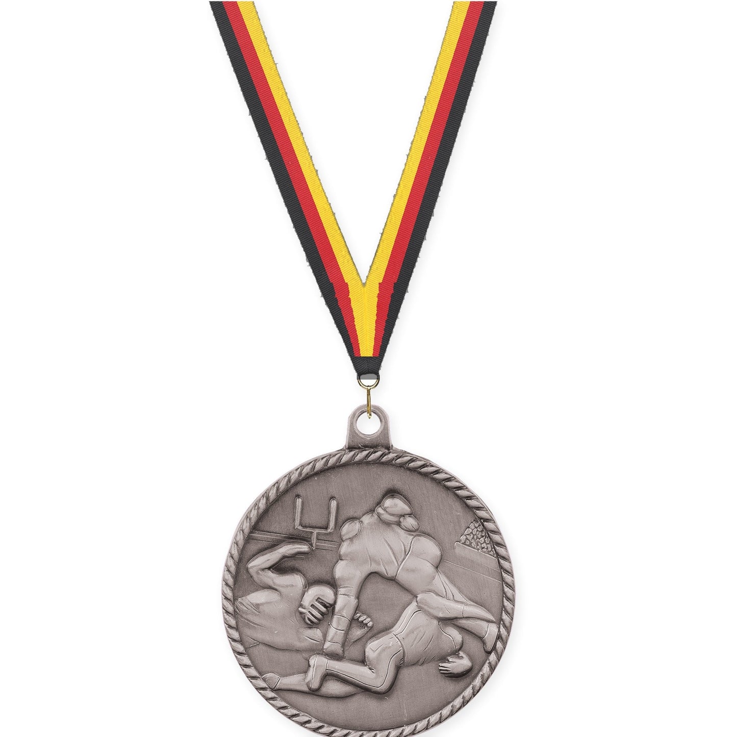 2 inch football High Relief medal in bright silver with Black Red Yellow neck ribbon