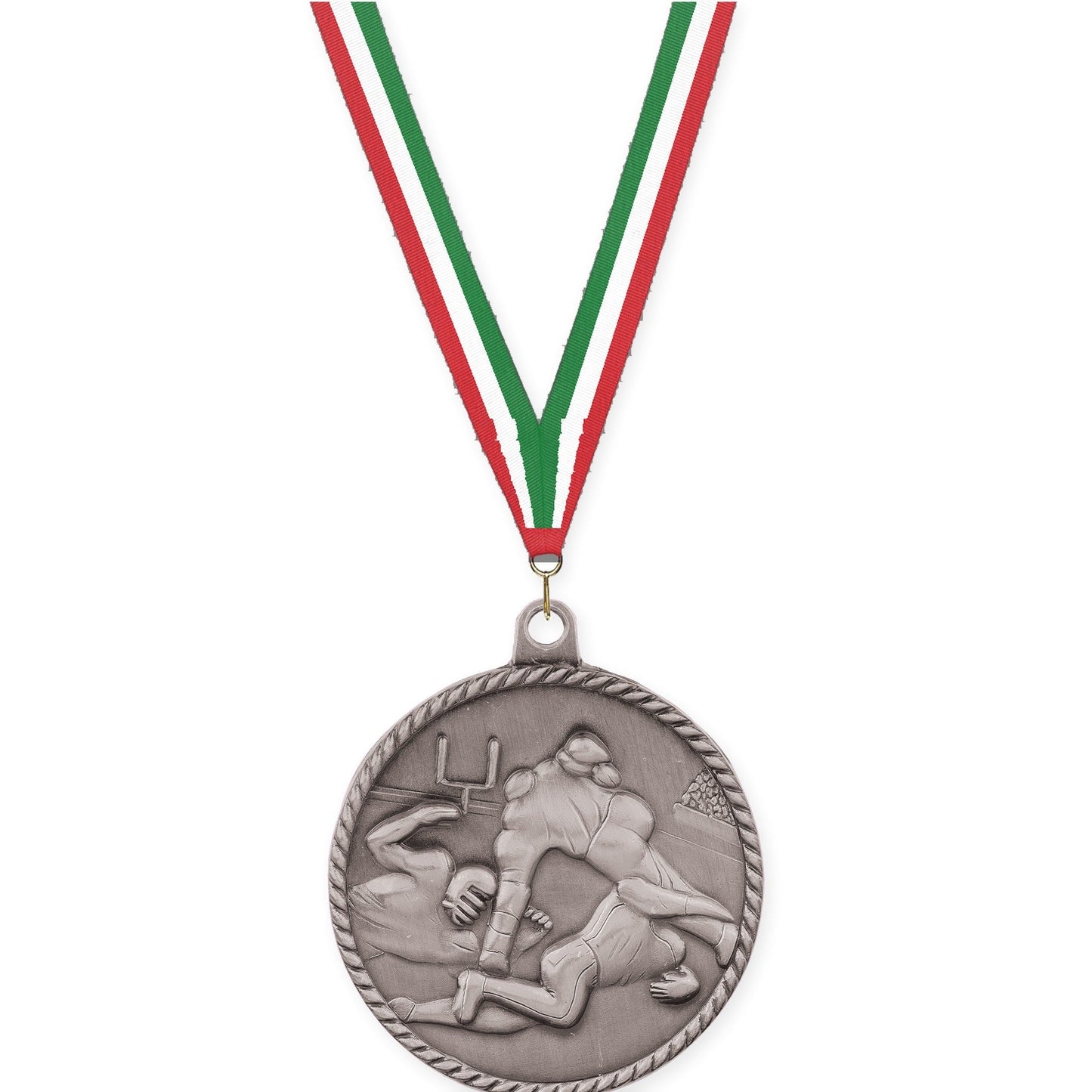 2 inch football High Relief medal in bright silver with Red White Green neck ribbon