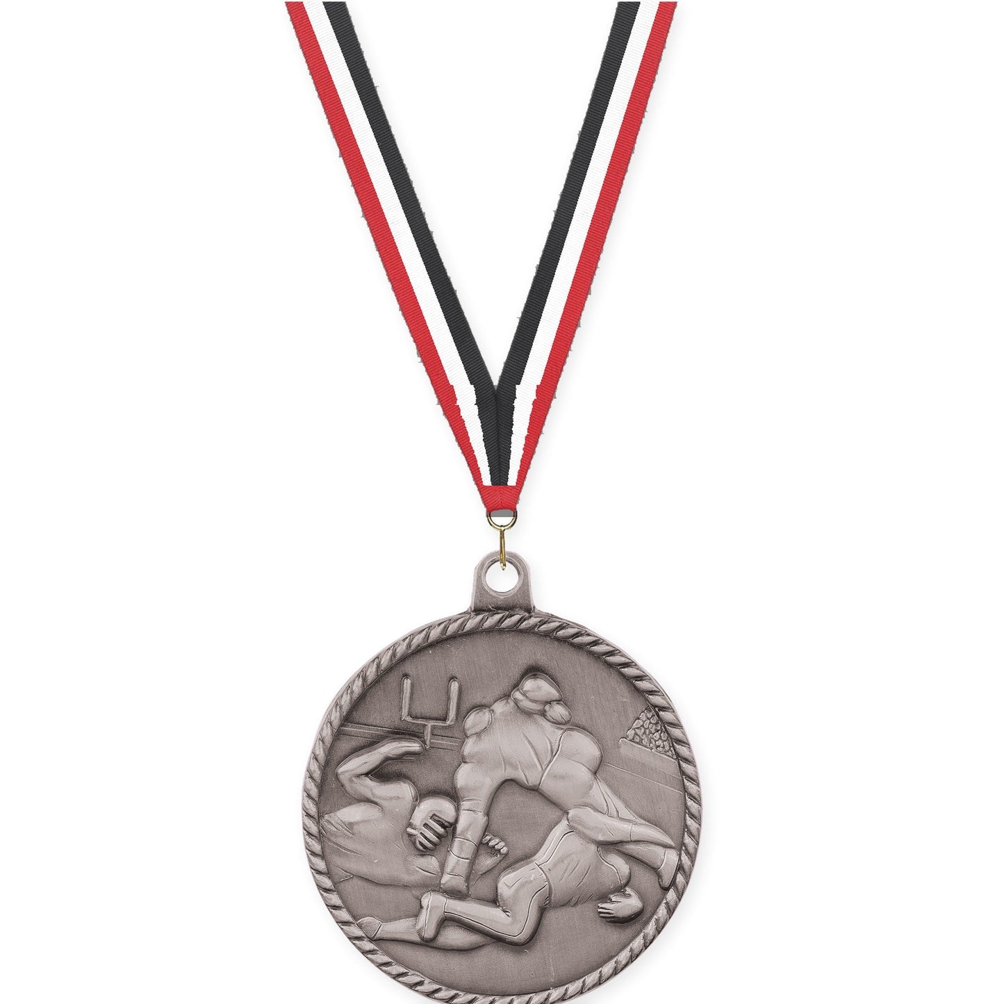 2 inch football High Relief medal in bright silver with Red White Black neck ribbon