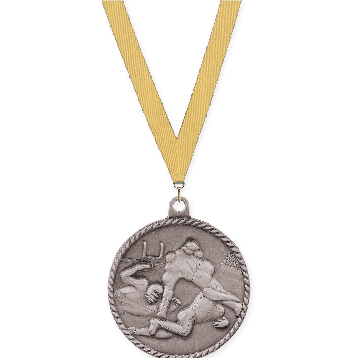 2 inch football High Relief medal in bright silver with Gold Metallic neck ribbon