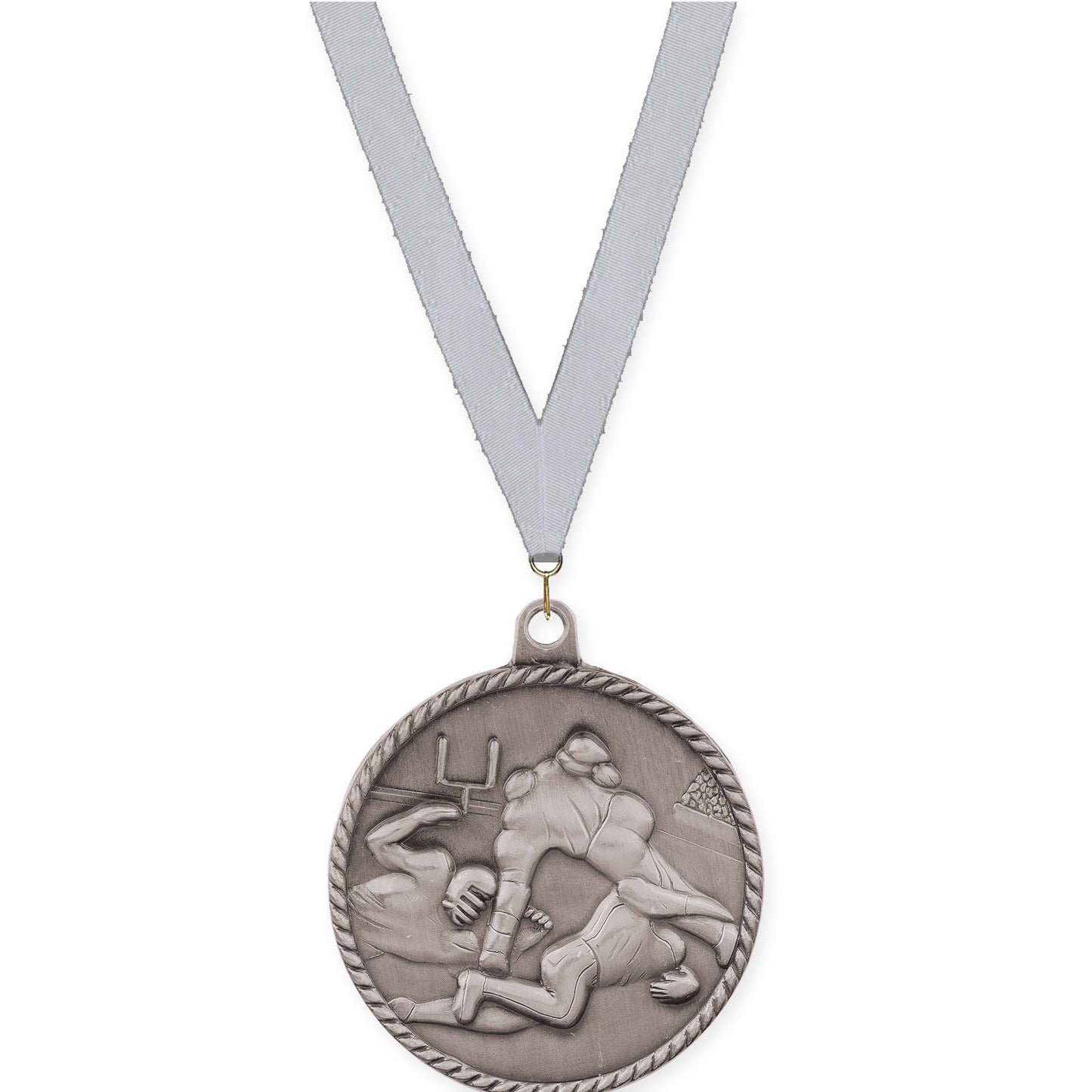 2 inch football High Relief medal in bright silver with Silver Metallic neck ribbon