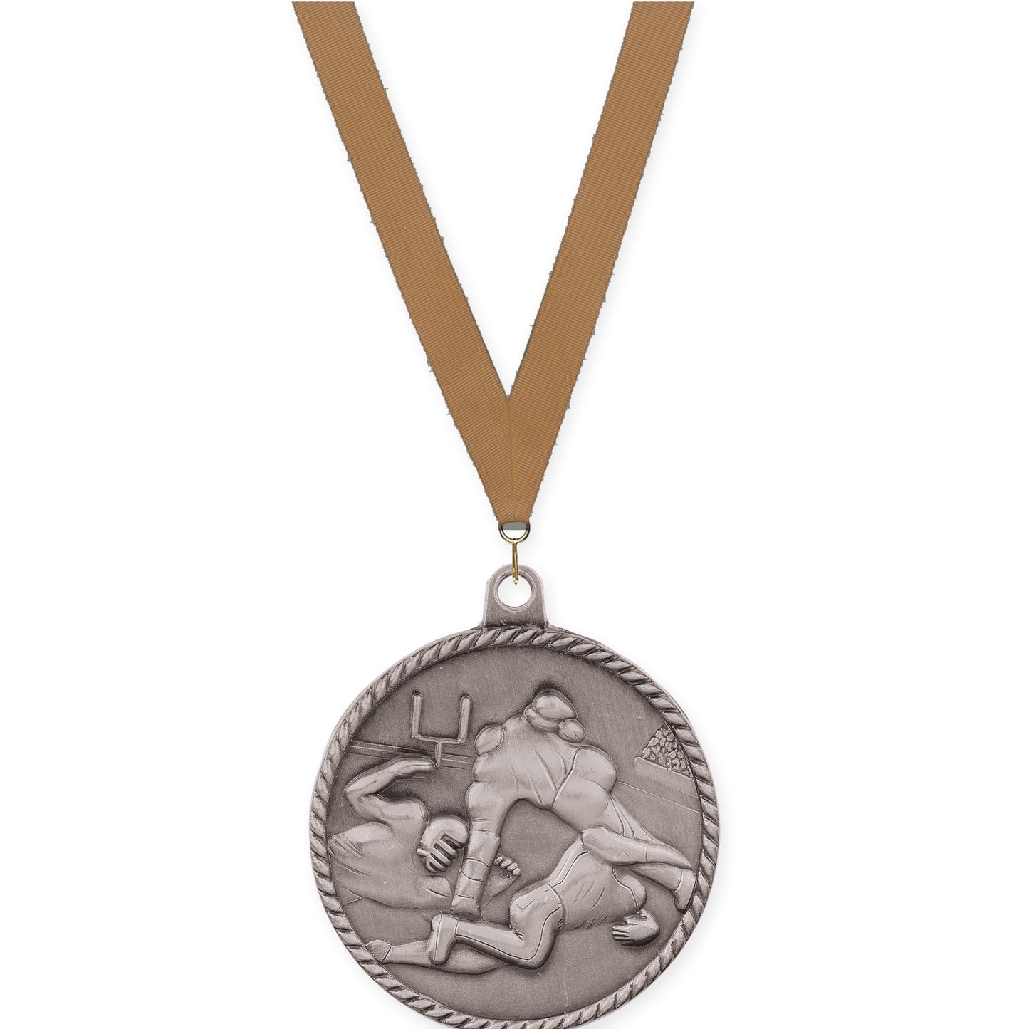 2 inch football High Relief medal in bright silver with Bronze Metallic neck ribbon