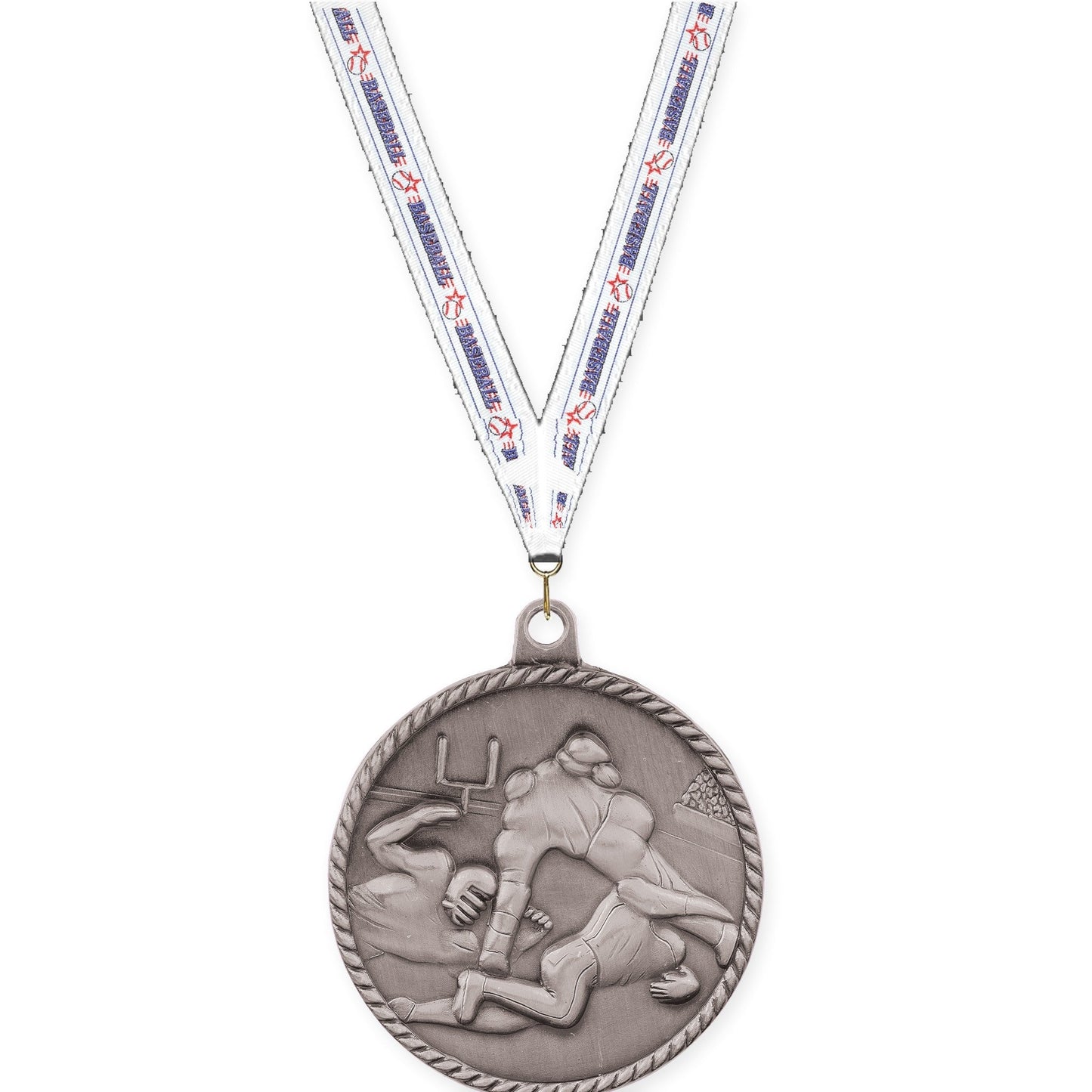 2 inch football High Relief medal in bright silver with Baseball neck ribbon