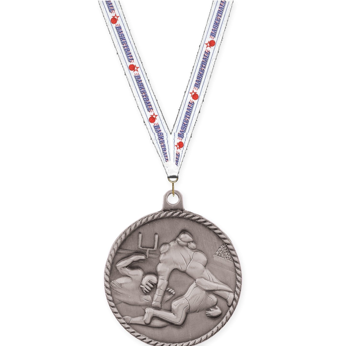 2 inch football High Relief medal in bright silver with Basketball neck ribbon