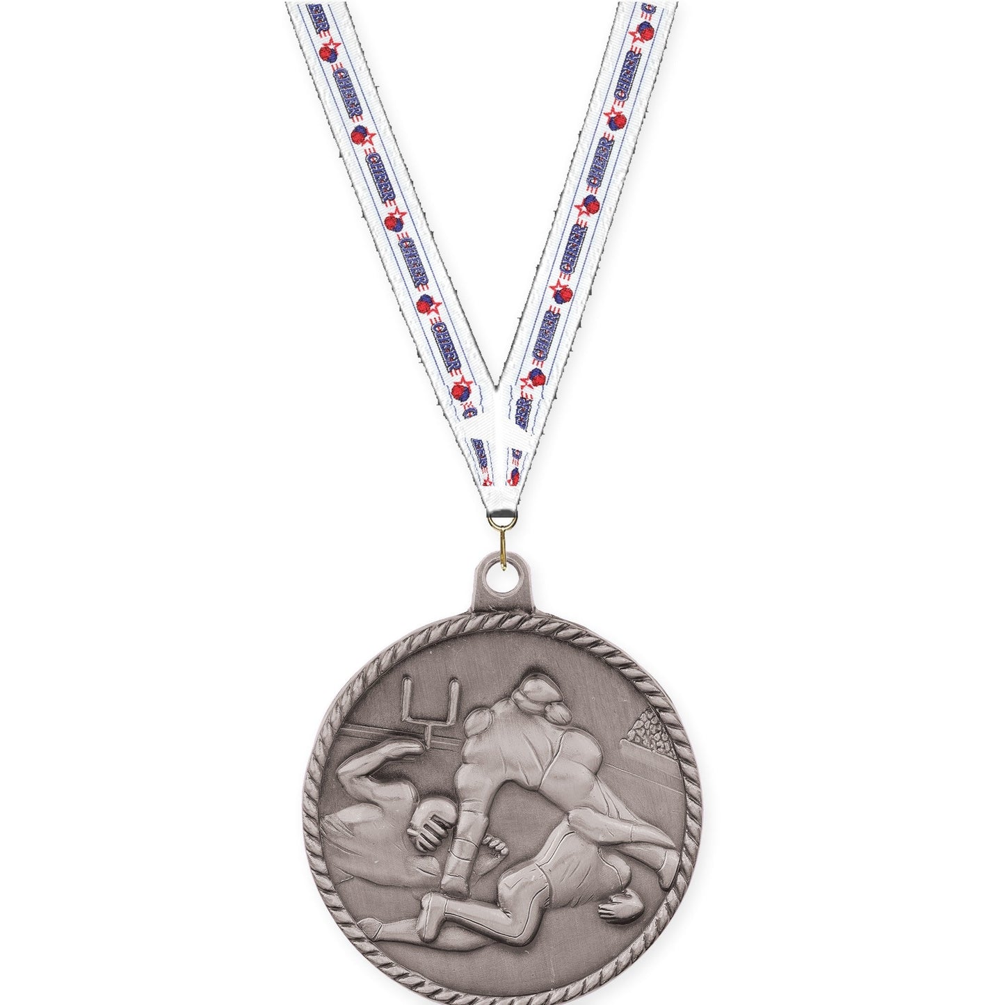 2 inch football High Relief medal in bright silver with Cheerleading neck ribbon
