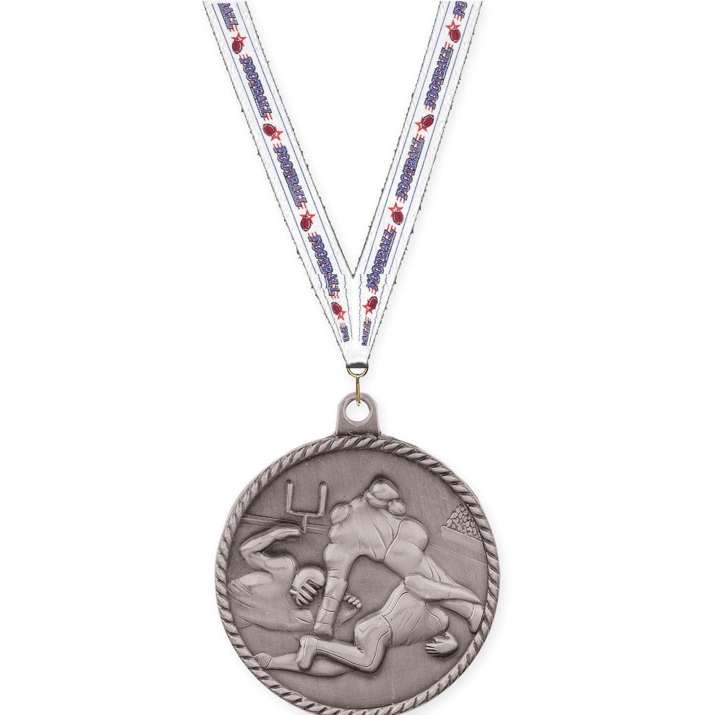 2 inch football High Relief medal in bright silver with Football neck ribbon