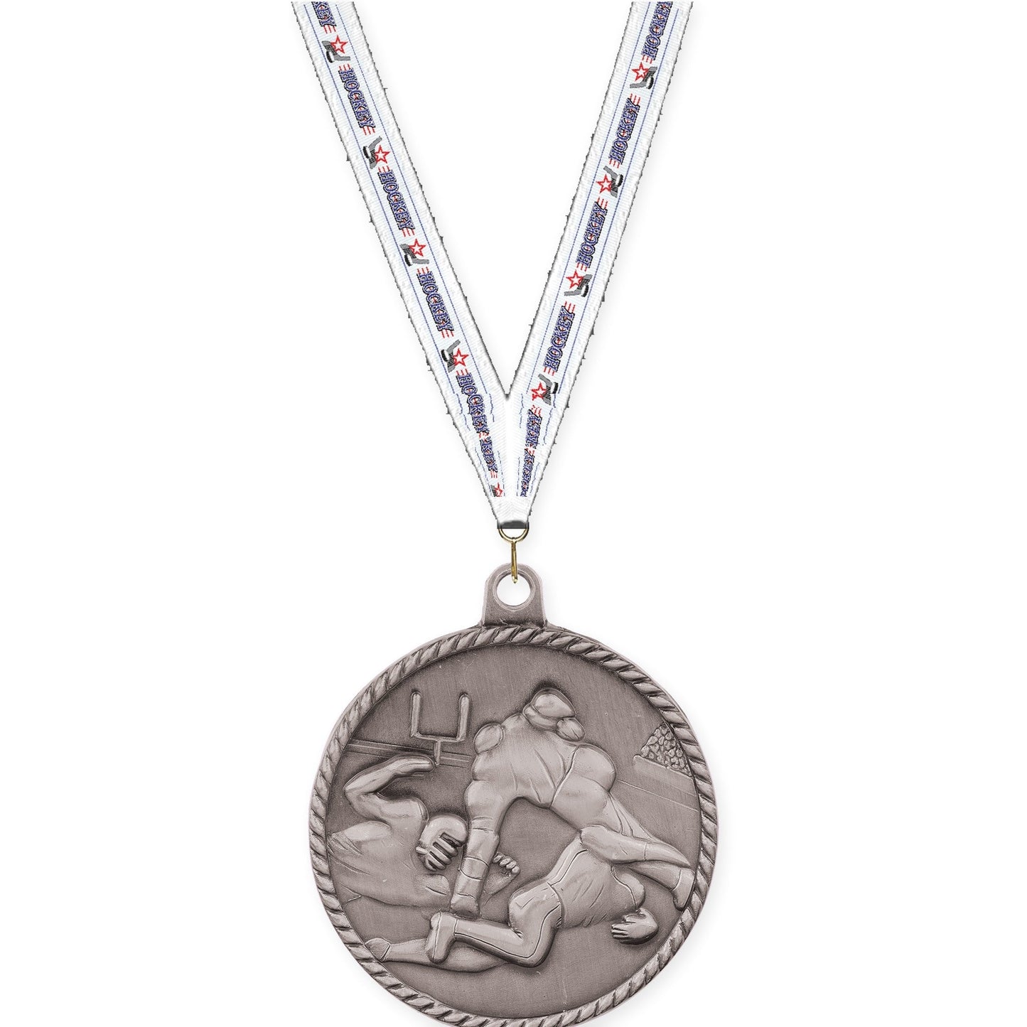 2 inch football High Relief medal in bright silver with Hockey neck ribbon