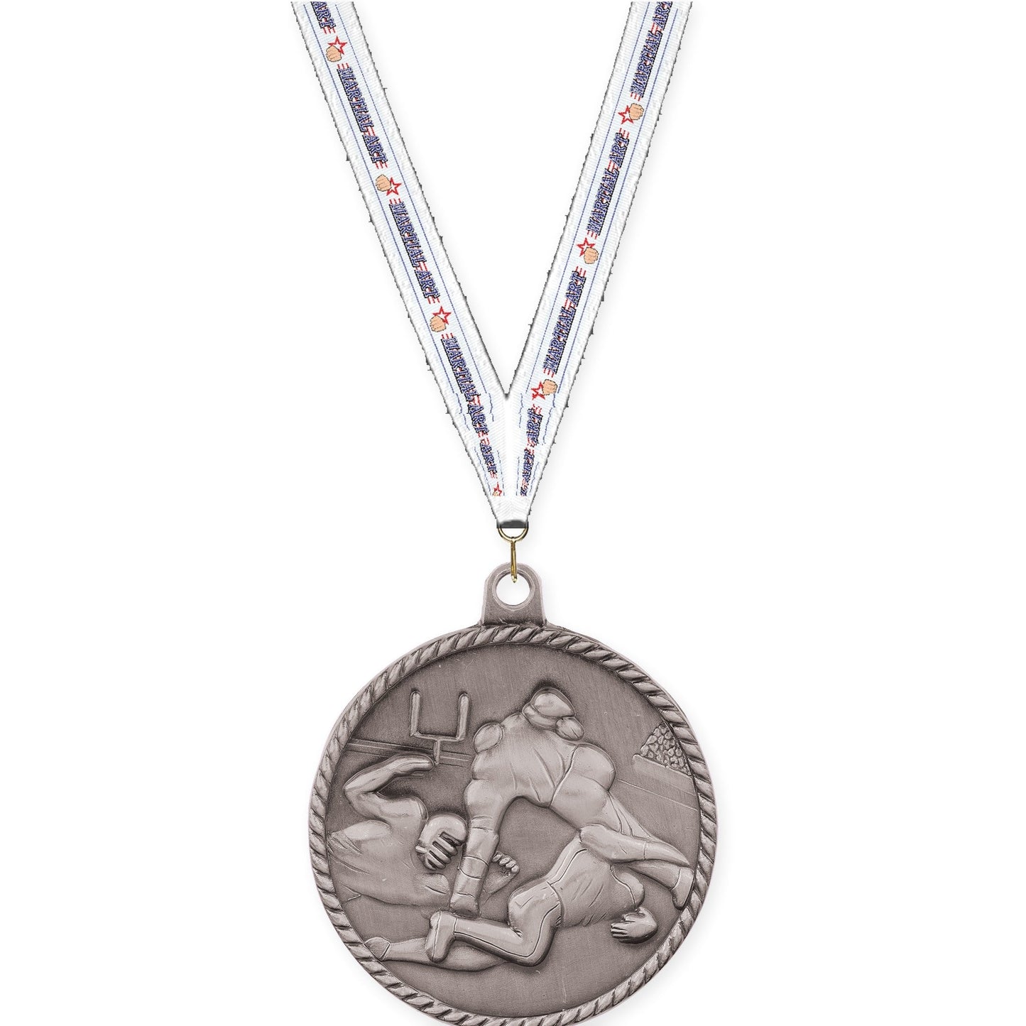 2 inch football High Relief medal in bright silver with Martial Arts neck ribbon