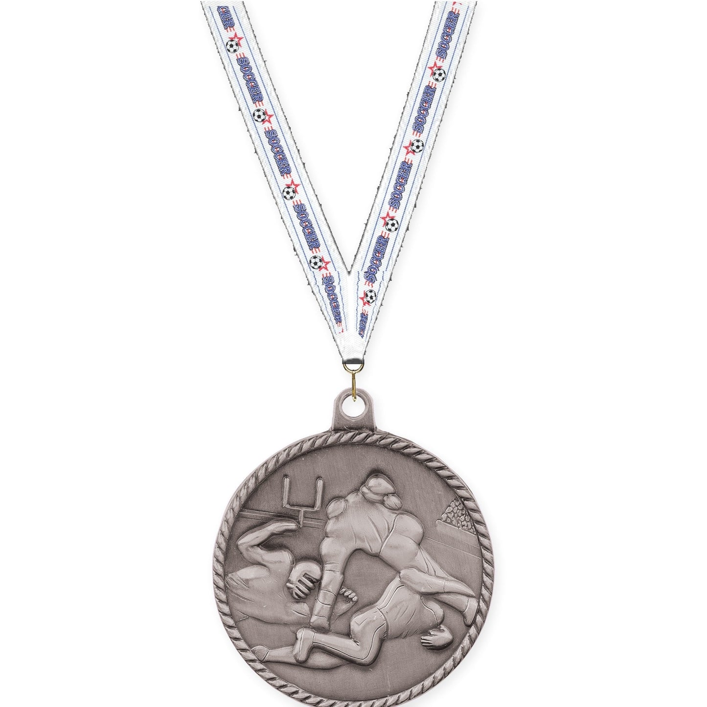 2 inch football High Relief medal in bright silver with Soccer neck ribbon