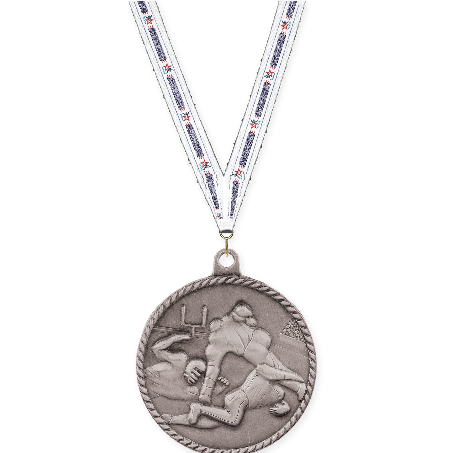 2 inch football High Relief medal in bright silver with Swimming neck ribbon